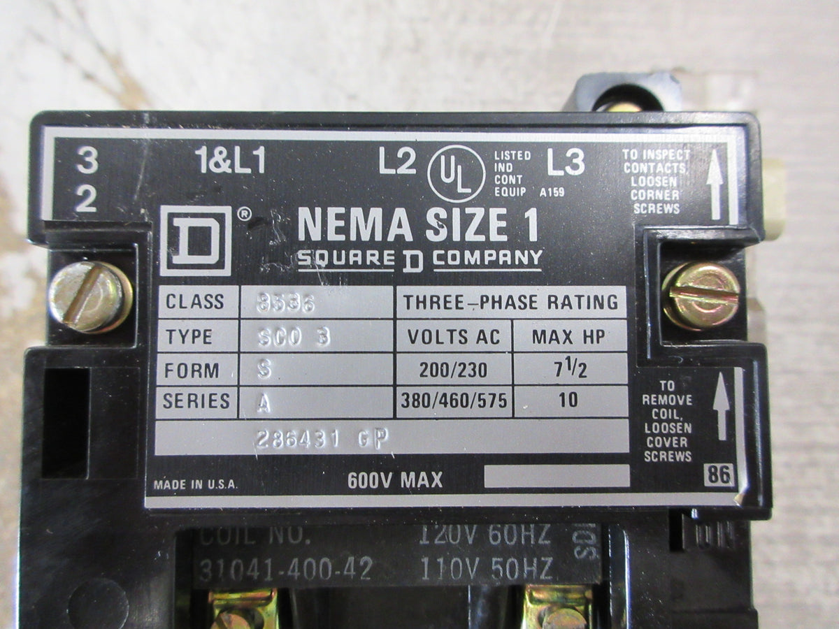 Square D Size 1 Starter 8536 SCO -3 S Ser. A 120V Coil 600V W/Aux Fuse Used