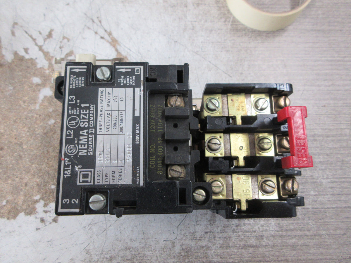 Square D Size 1 Starter 8536 SCO -3 S Ser. A 120V Coil 600V W/Aux Fuse Used