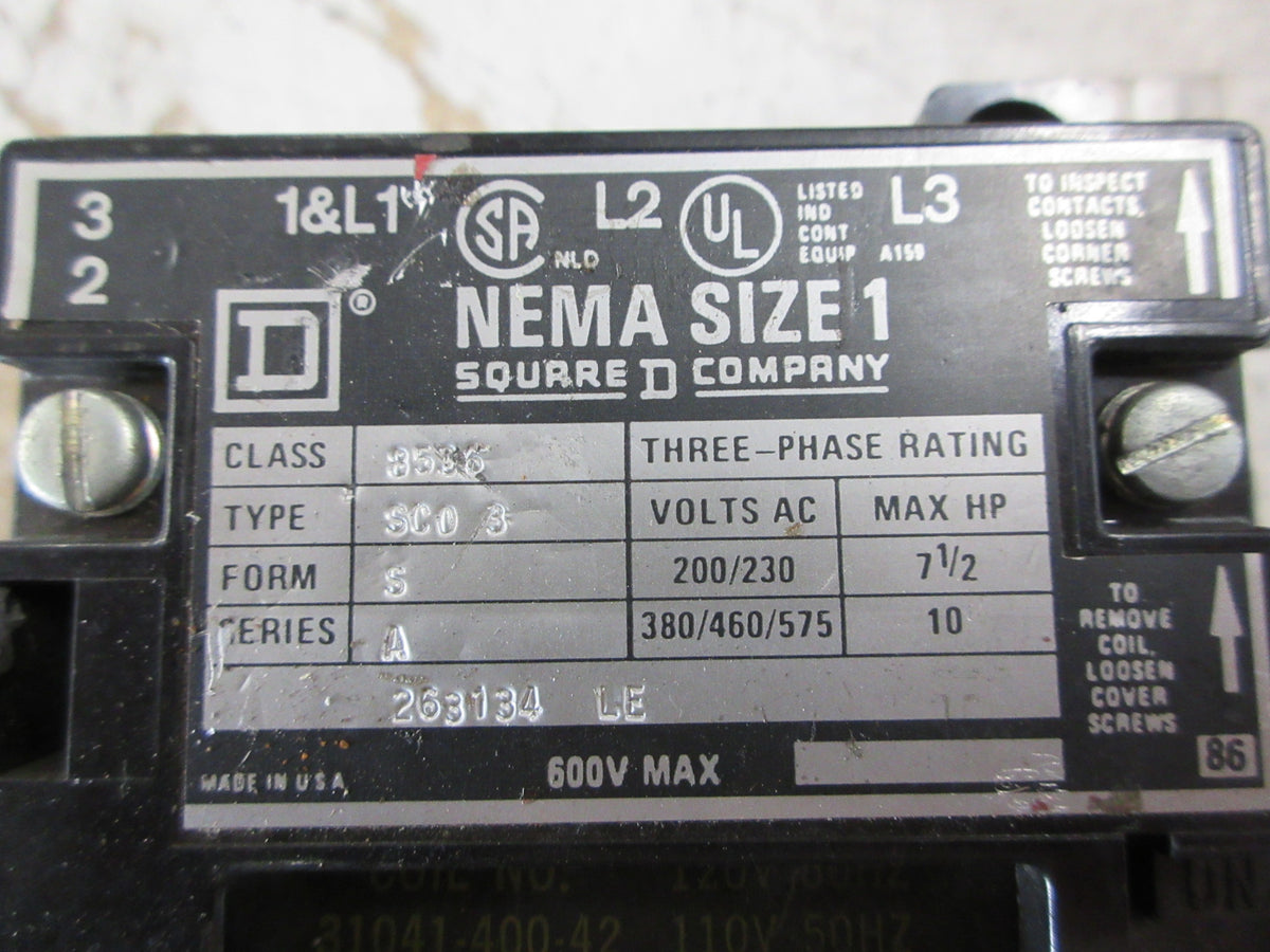 Square D Size 1 Starter 8536 SCO -3 S Ser. A 120V Coil 600V W/Aux Fuse Used