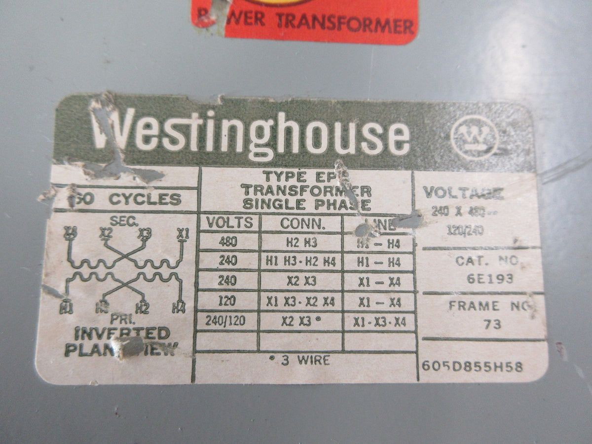 Westinghouse Transformer 6E193 1 KVA Pri: 240/480V Sec: 120/240V 1Ph 60Hz Used