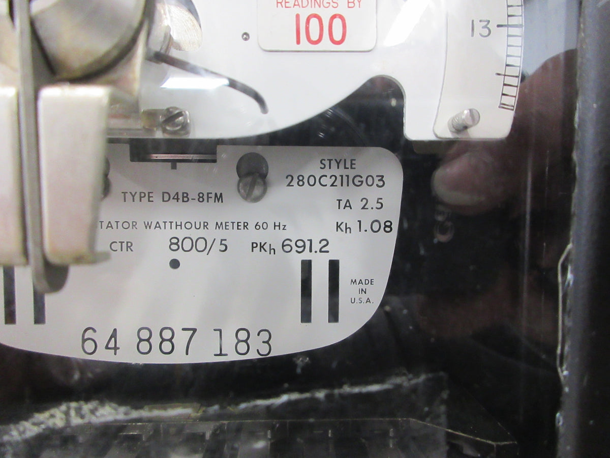 Westinghouse Type D4B-8FM Watthour Meter 280C211G03 72V 4W PTR 4/1 Used
