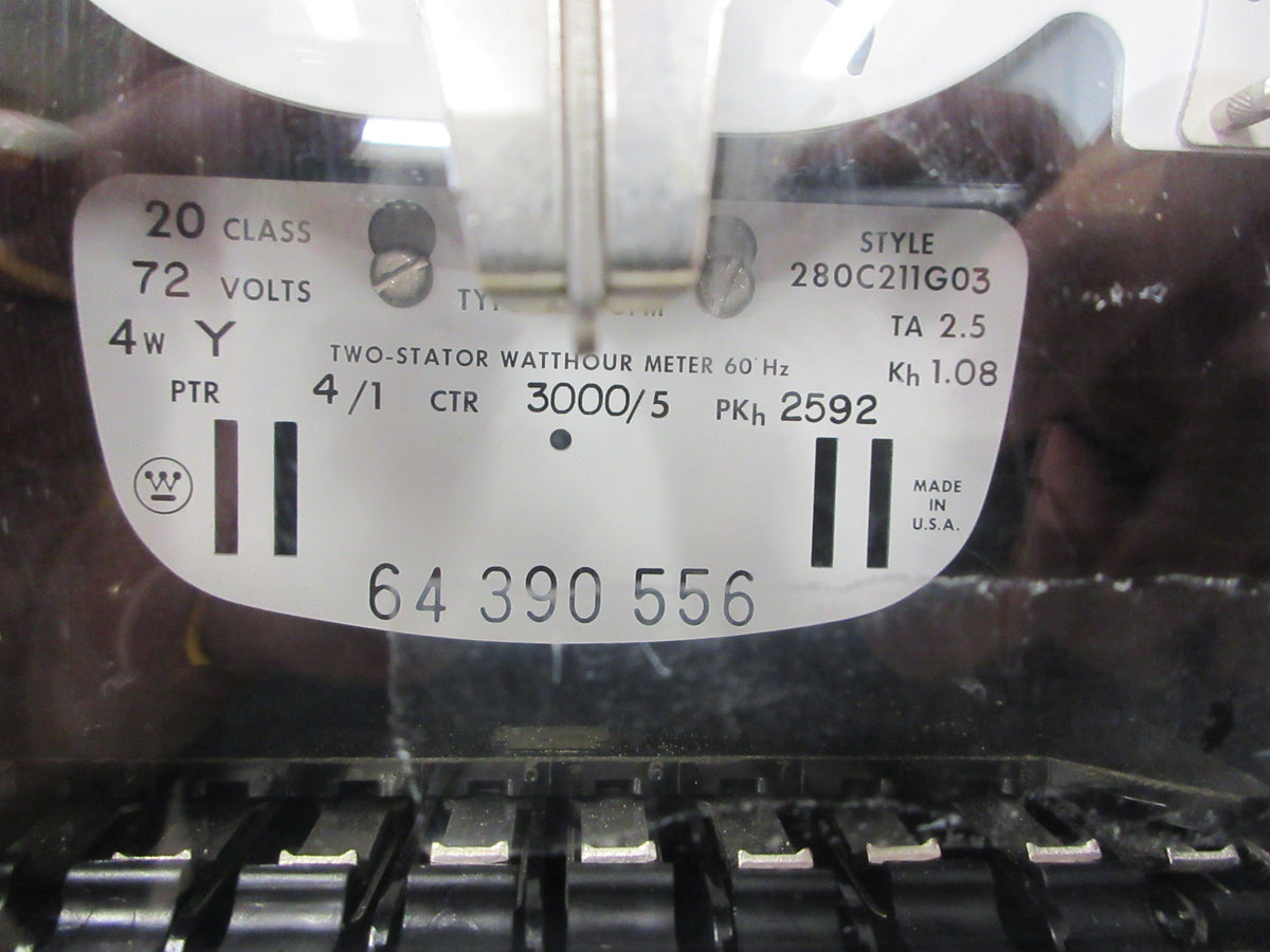 Westinghouse Type D4B-8FM Watthour Meter 280C211G03 72V 4W PTR: 4/1 Used