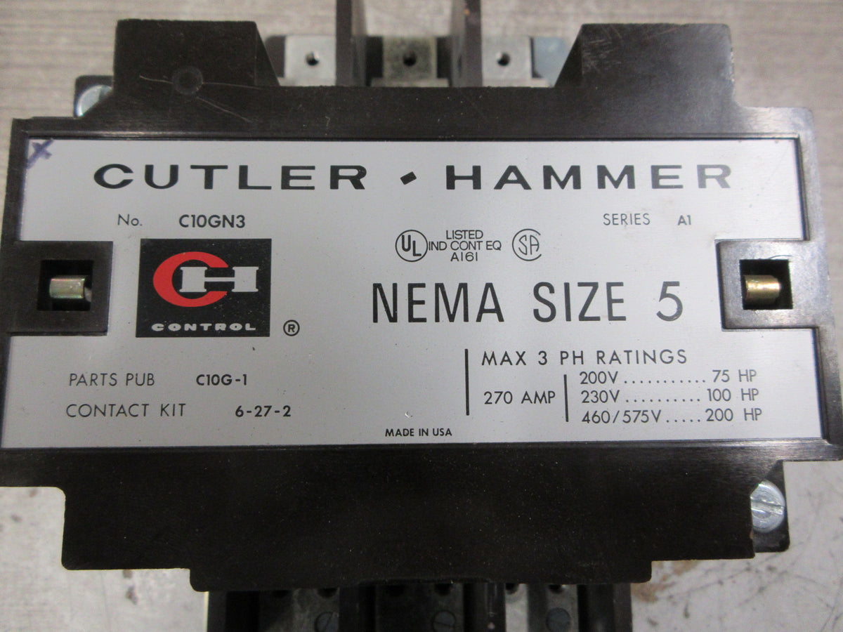 Cutler-Hammer Size 5 Contactor C10GN3 Ser. A1 120V Coil 270A 575V 3Ph Used