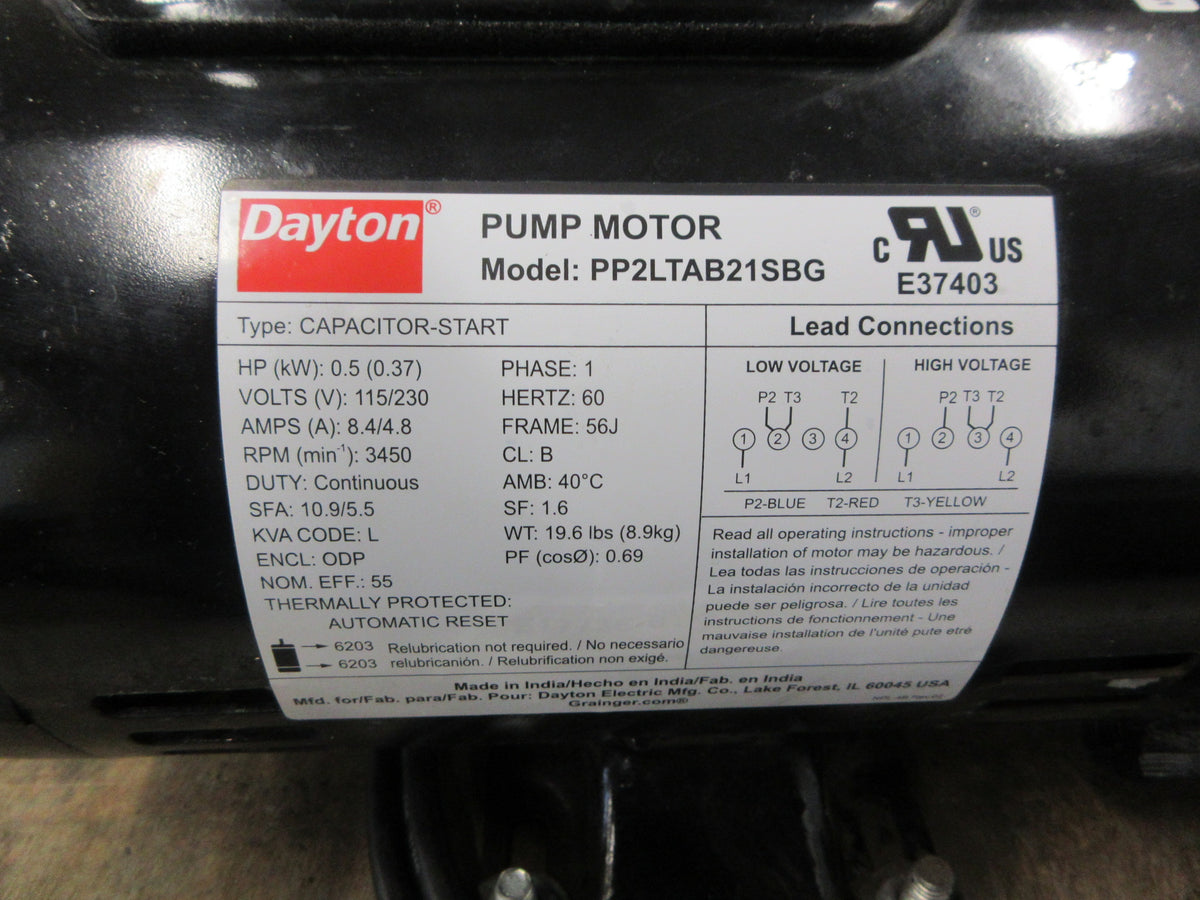 Dayton Centrifugal Pump 2ZWR5A 0.5HP 115/230V 1Ph 3450RPM Used
