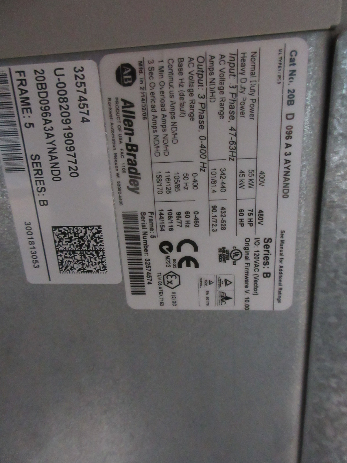 Allen-Bradley PowerFlex 700 AC Drive 20BD096A3AYNAND0 Ser. B 75HP 3Ph Used