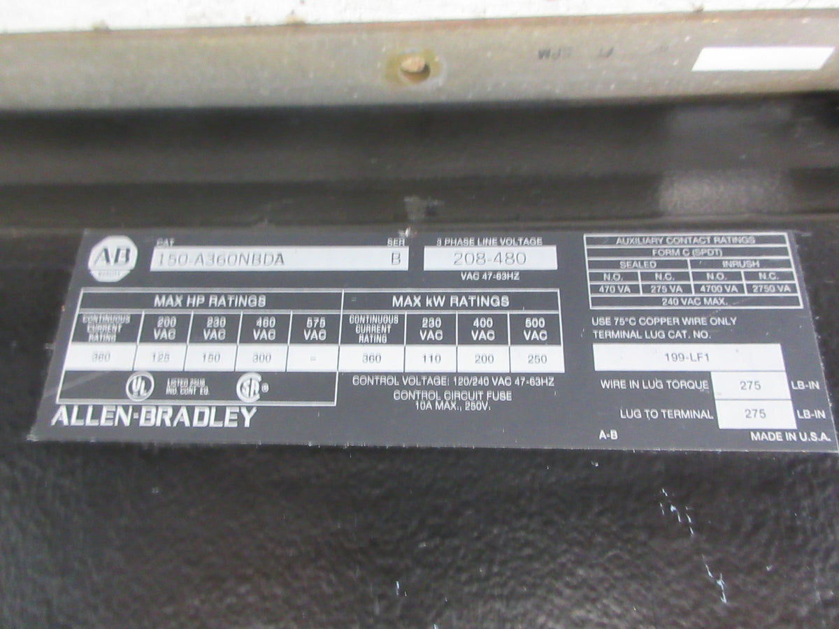 Allen-Bradley SMC Plus Soft Start 150-A360NBDA Ser. B 300HP 208-480V 360A Used