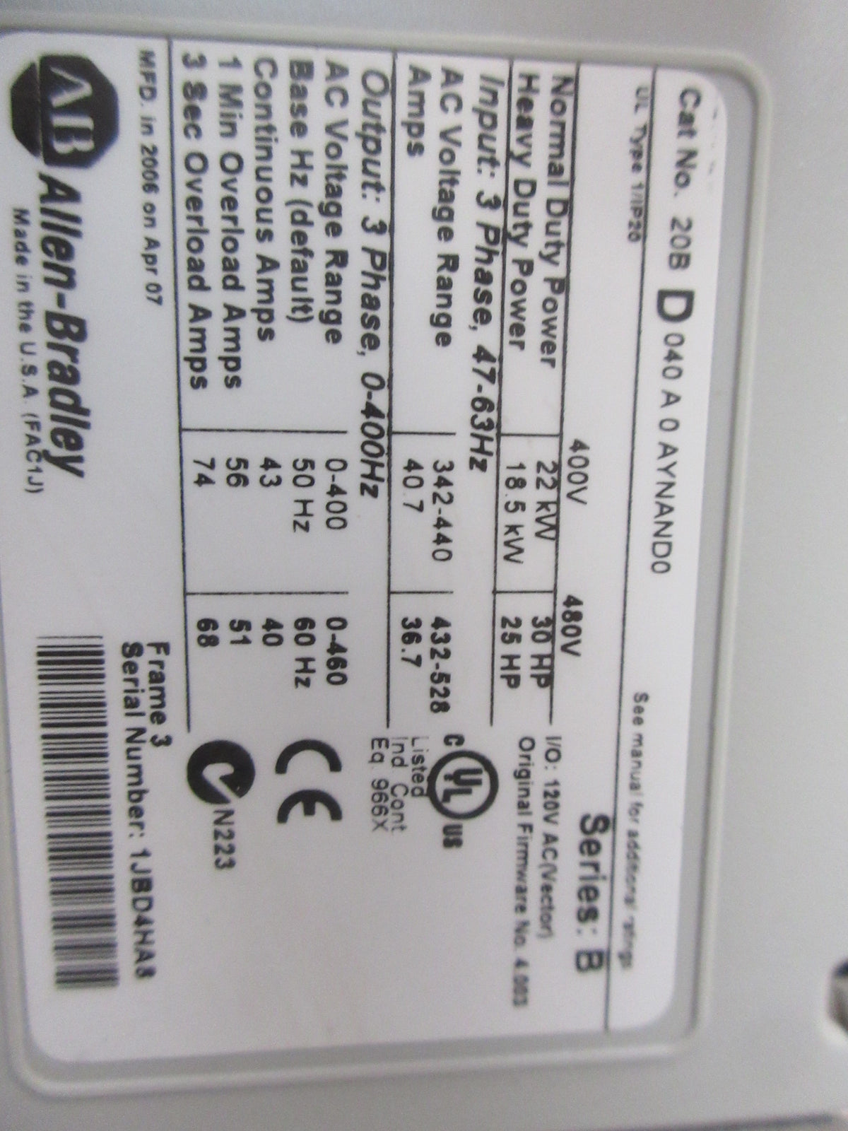 Allen-Bradley PowerFlex 700 AC Drive 20BD040A0AYNAND0 Ser. B 30HP 3Ph Used