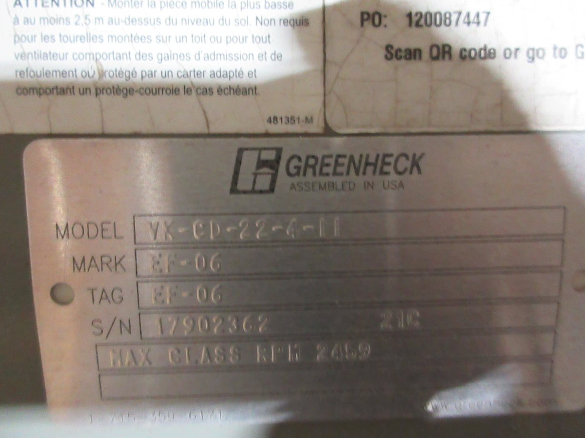 Greenheck Vektor-CD Centrifugal High Pump Dilution Laboratory Exhaust Fan Used