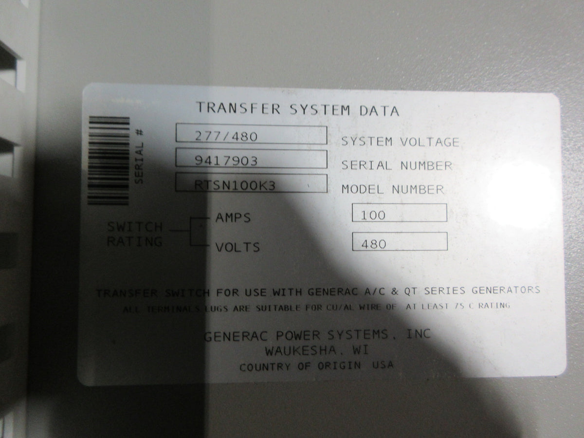 Generac RTS Series Automatic Transfer Switch RTSN100K3 100A 277/480V Used