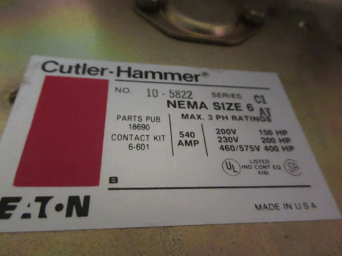 Eaton Cutler-Hammer Size 6 Contactor 10-5822 Ser. C1 Used