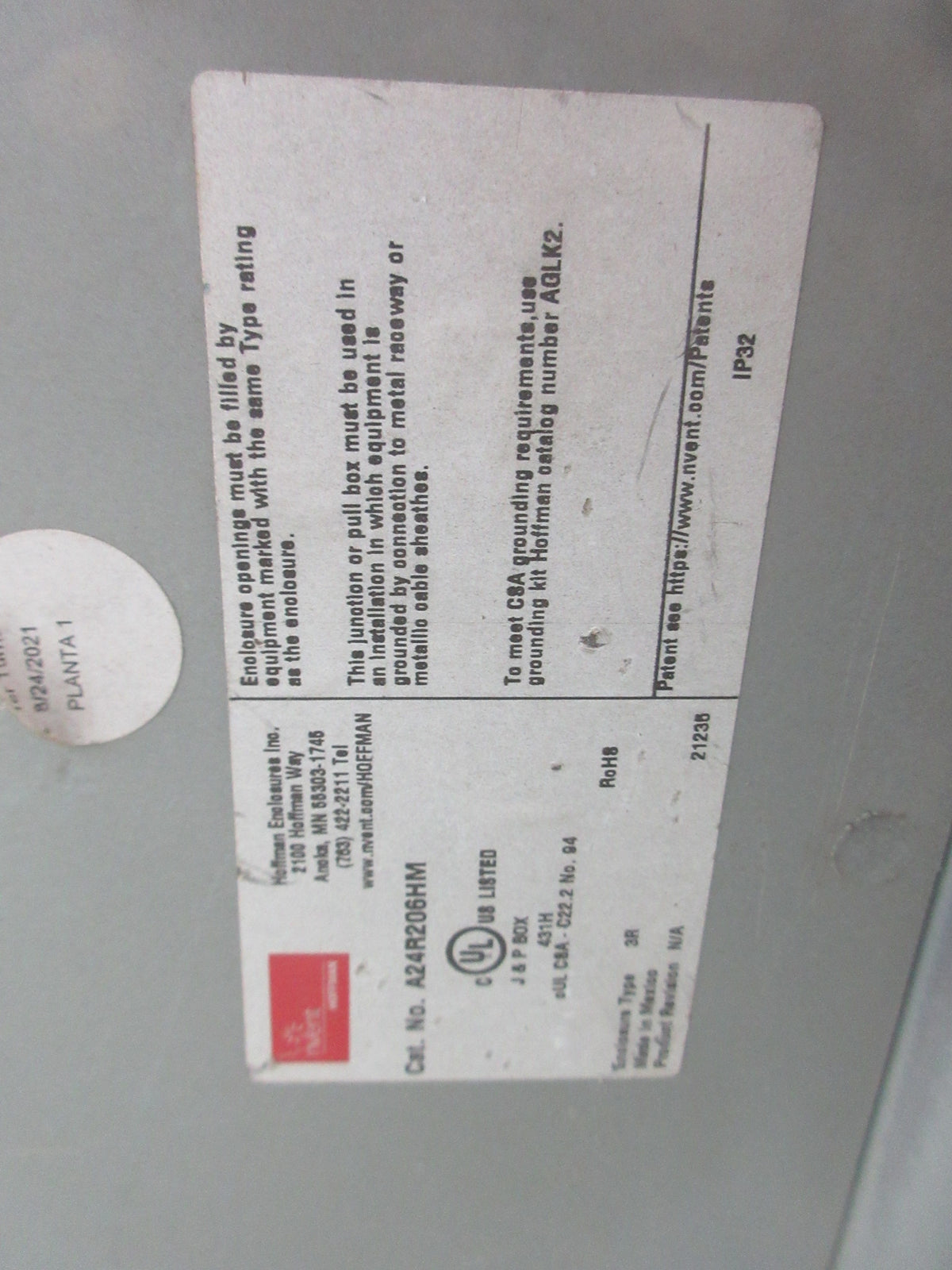 nVent Hoffman 3R Enclosure A24R206HM Size: 24"x20"x6" Used