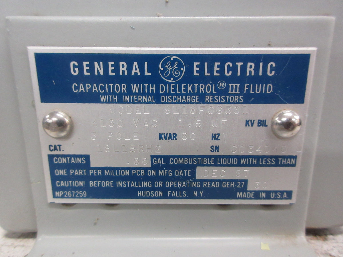 GE Capacitor 18L15RH2 Model: 9L18FCG301 4160VAC 1.5uF 3P 60Hz Used