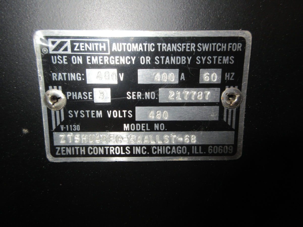 Zenith Automatic Transfer Switch ZTSHU40EC-5AALLST-6B 400A 480V 60Hz 3Ph Used