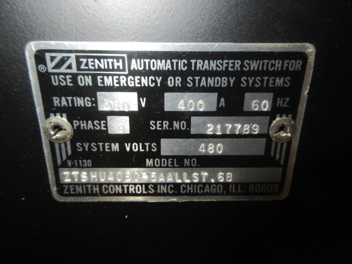 Zenith Automatic Transfer Switch ZTSHU40EC-5AALLST-6B 400A 480V 60Hz 3Ph Used