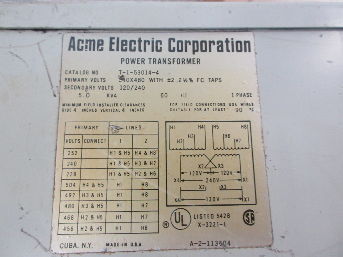 Acme Electric Transformer T-1-53014-4 5KVA Pri: 240/480V Sec: 120/240V 60Hz Used