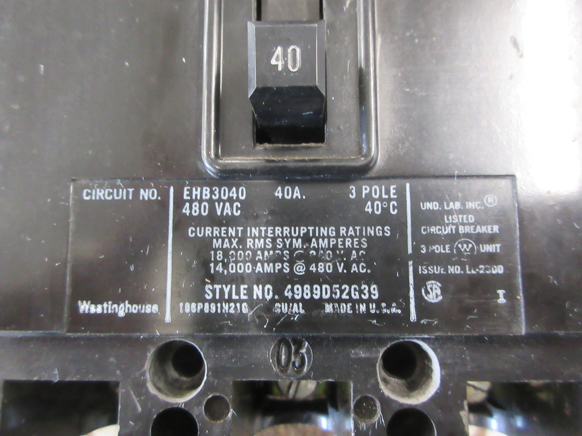 Westinghouse Circuit Breaker EHB3040 40A 480V 3P Used