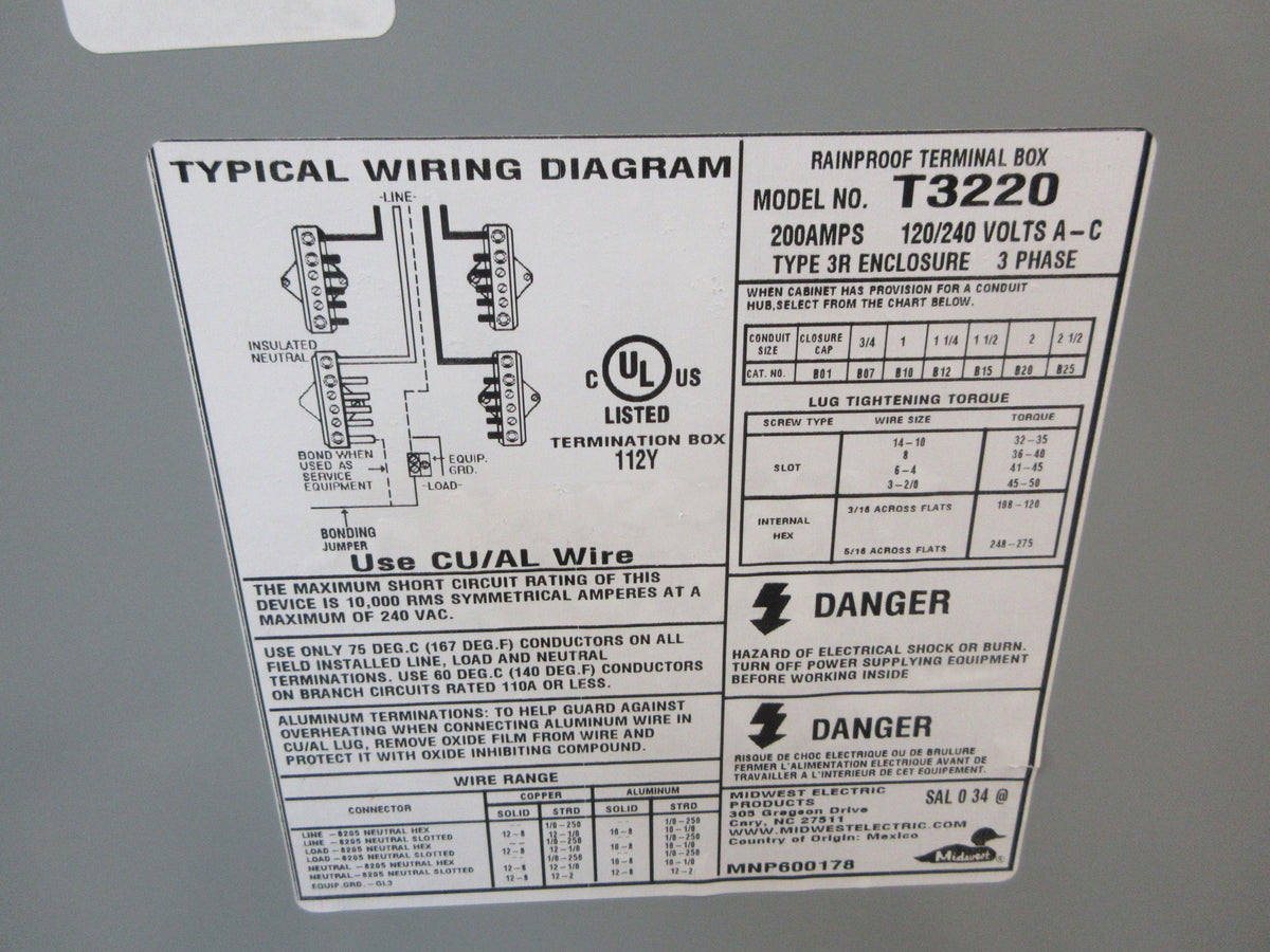Midwest Electric 3R Terminal Box T3220 200A 120/240V 3Ph Used