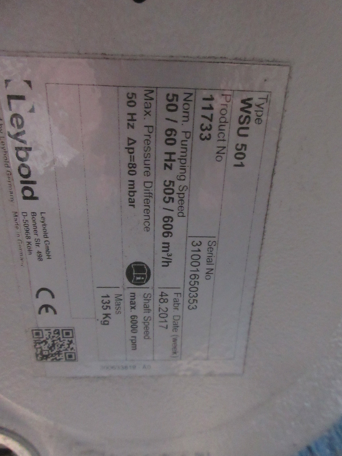 Leybold Vacuum Pump WSU 501 11733 3HP 2900/3480RPM 230/460V 50/60Hz Used