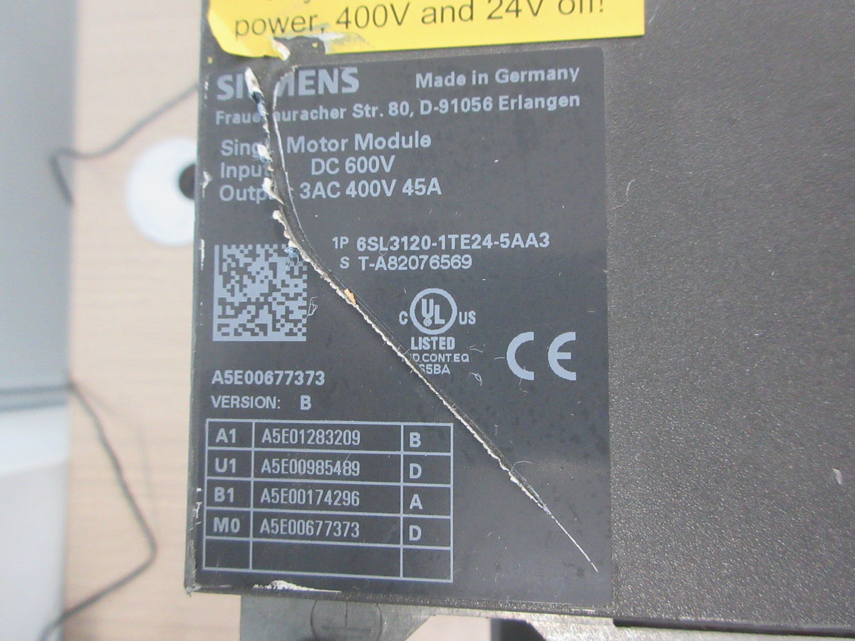 Siemens Sinamics Single Motor Module 6SL3120-1TE24-5AA3 Ver. B Used