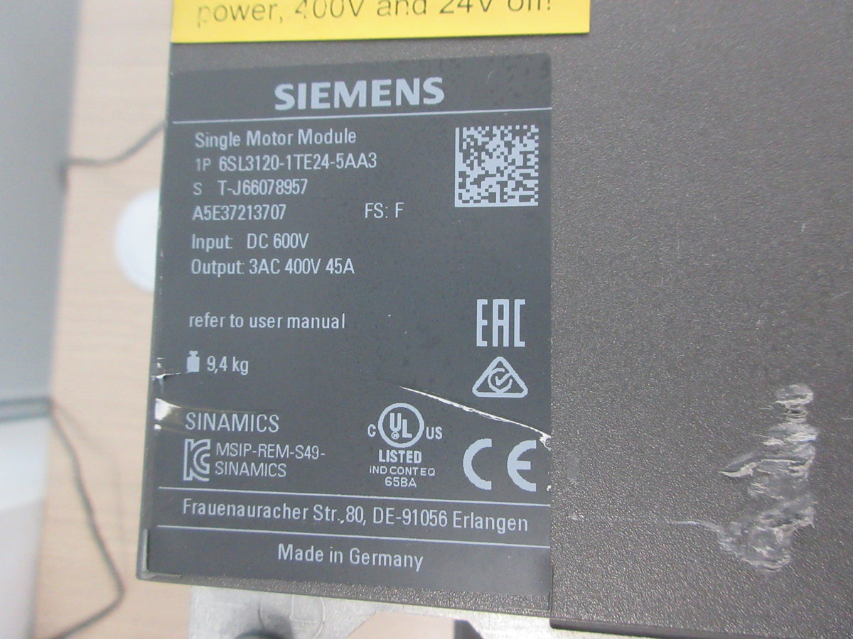 Siemens Sinamics Single Motor Module 6SL3120-1TE24-5AA3 FS: F Used