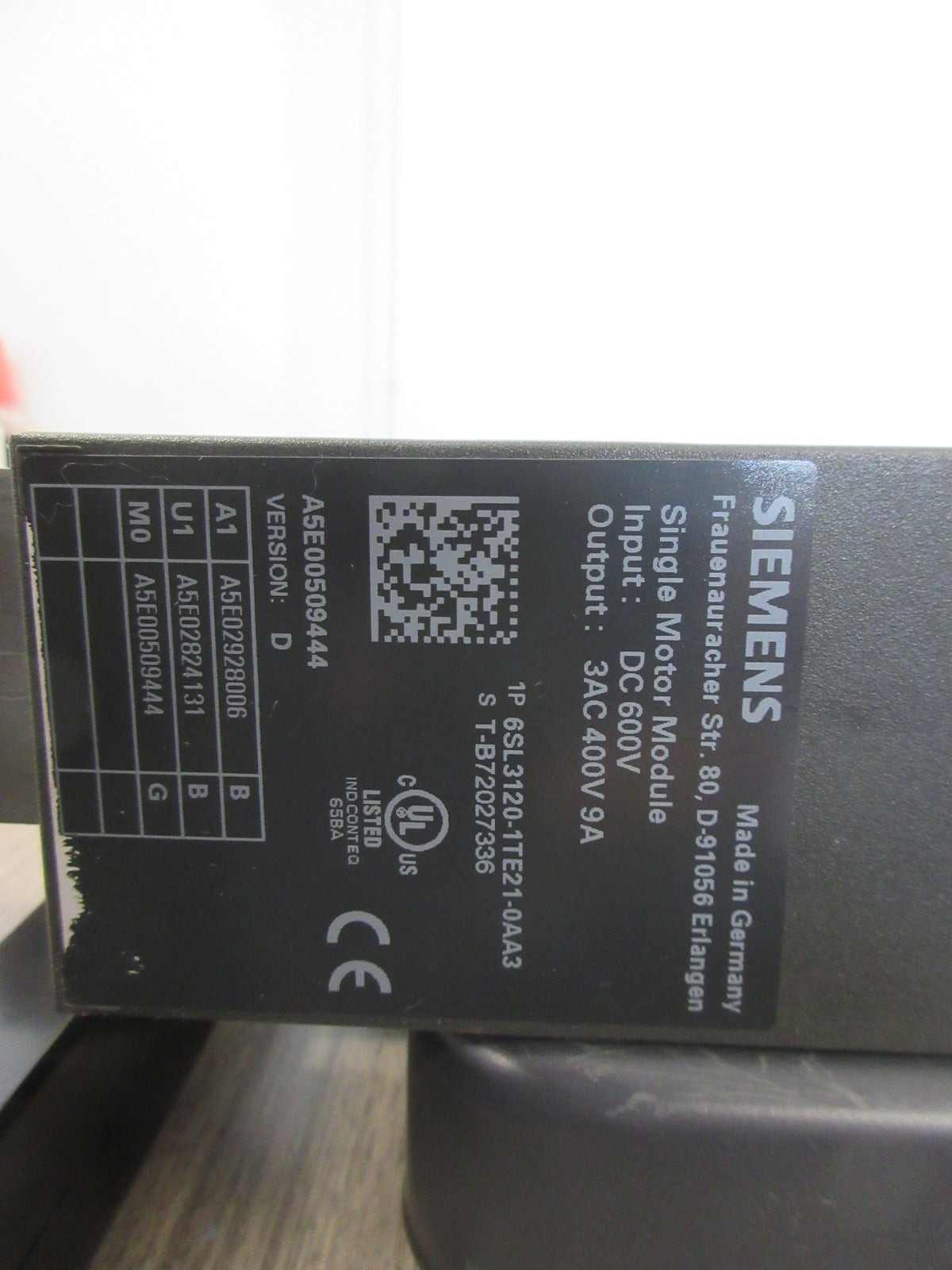 Siemens Single Motor Module 6SL3120-1TE21-0AA3 Ver. D Input: 600VDC Used
