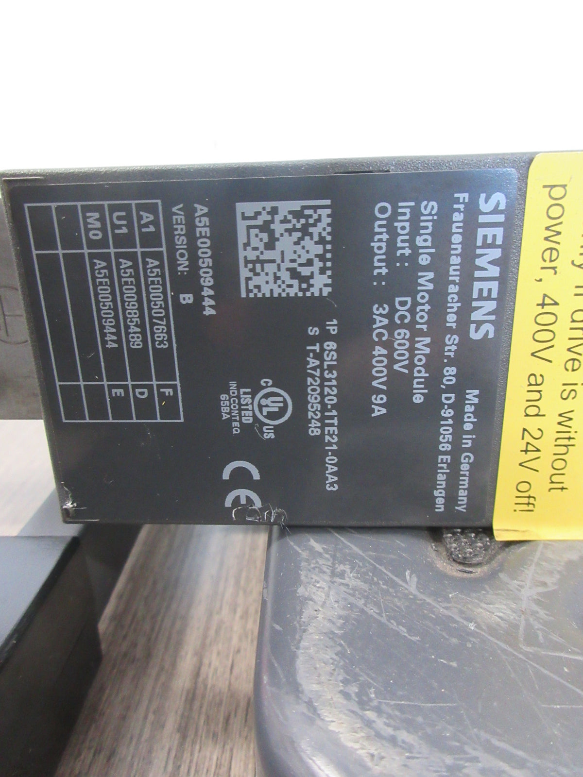 Siemens Single Motor Module 6SL3120-1TE21-0AA3 Ver. B Input: 600VDC Used