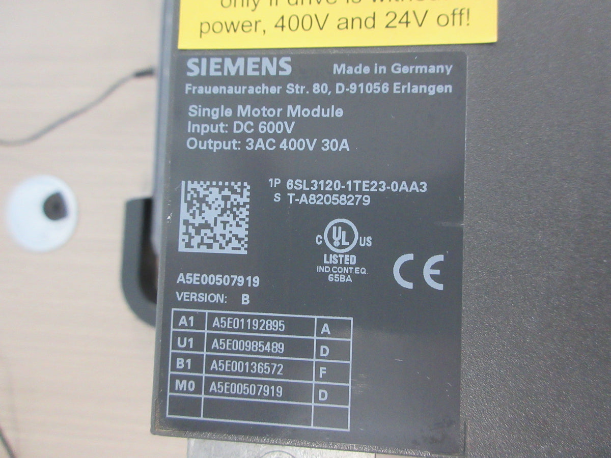Siemens Single Motor Module 6SL3120-1TE23-0AA3 Ver. B Input: 600VDC Used