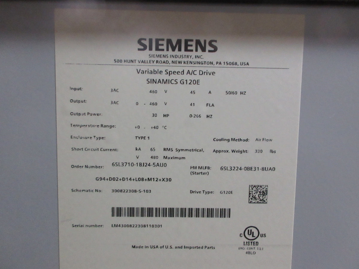 Siemens Sinamics G120E AC Drive 6SL3710-1BJ24-5AU0 G94+D02+D14+L08+M12+X30 Used