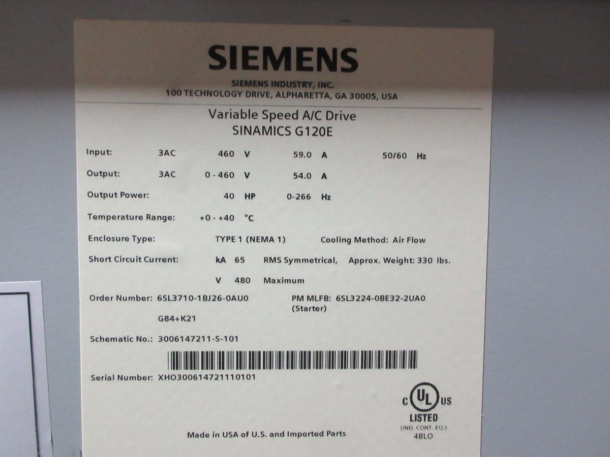 Siemens Sinamics G120E AC Drive 6SL3710-1BJ26-0AU0 G84+K21 40HP 3Ph Used