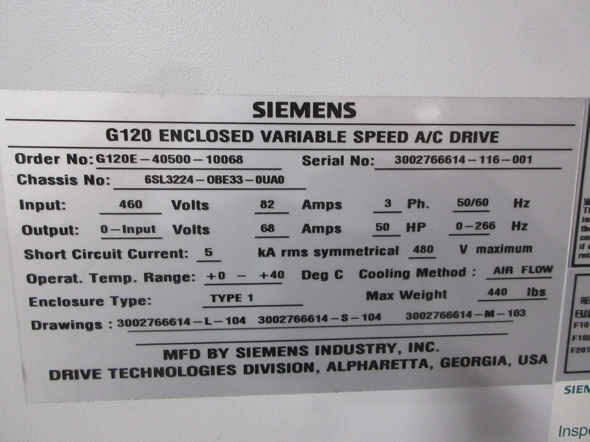 Siemens Sinamics G120 AC Drive 6SL3224-0BE33-0UA0 50HP 3Ph Used