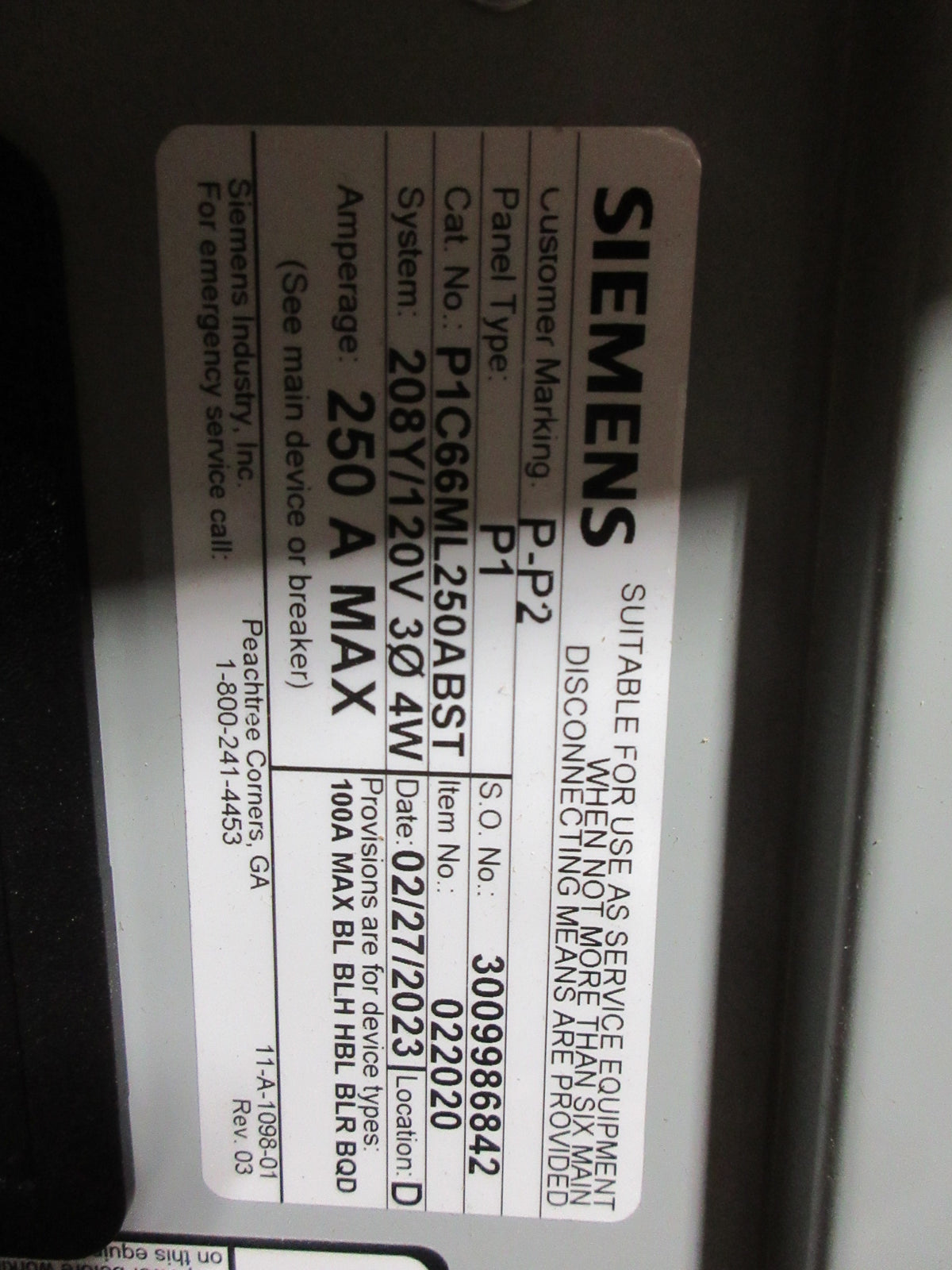 Siemens Panelboard Interior W/Box & Cover P1C66ML250ABST/B56/S56H New Surplus