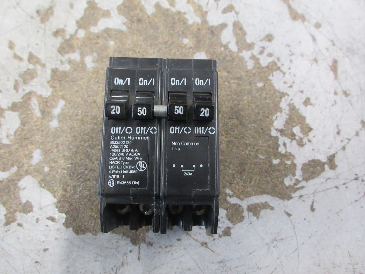 Cutler-Hammer Quad Circuit Breaker BQ2502120 (2) 50A (2) 20A 120/240V Used