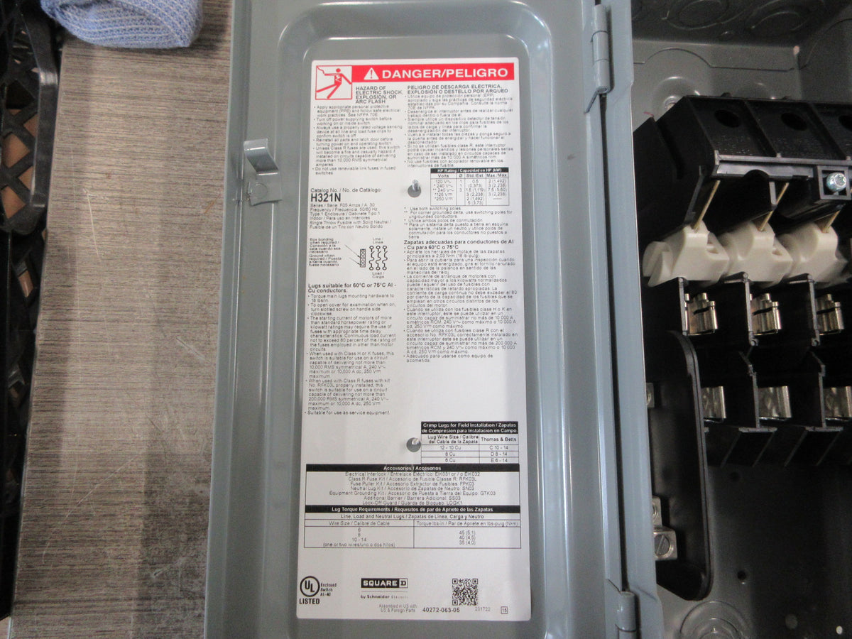 Square D Fusible Safety Switch/Disconnect H321N Ser. F05 30A 240V 3P Used