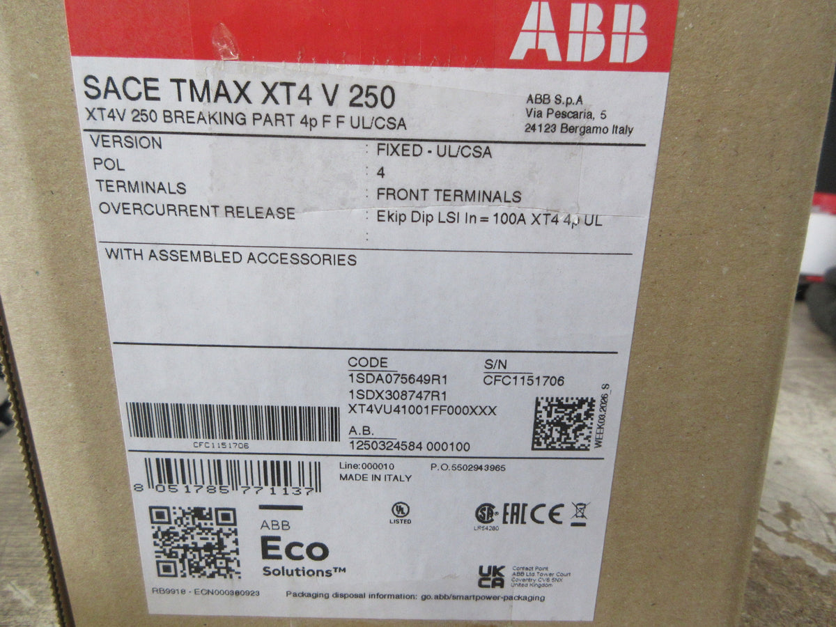 ABB SACE Tmax Circuit Breaker XT4VU41001FF000XXX 250A 600V 4P New Surplus