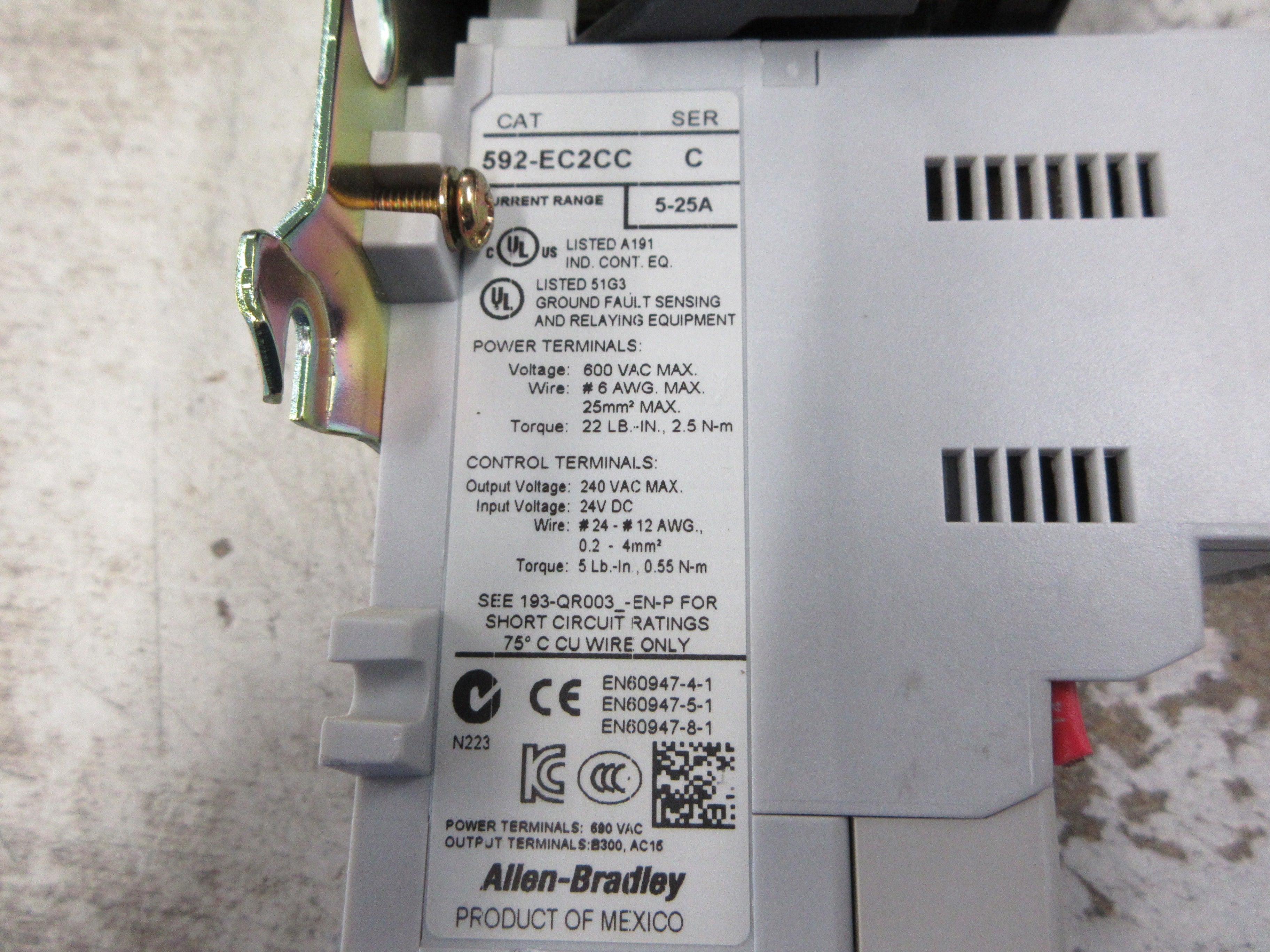 Allen-Bradley Size 1 Starter 509-BOD-XX/592-EC2CC 115-120V Coil Trip: 5-25A Used