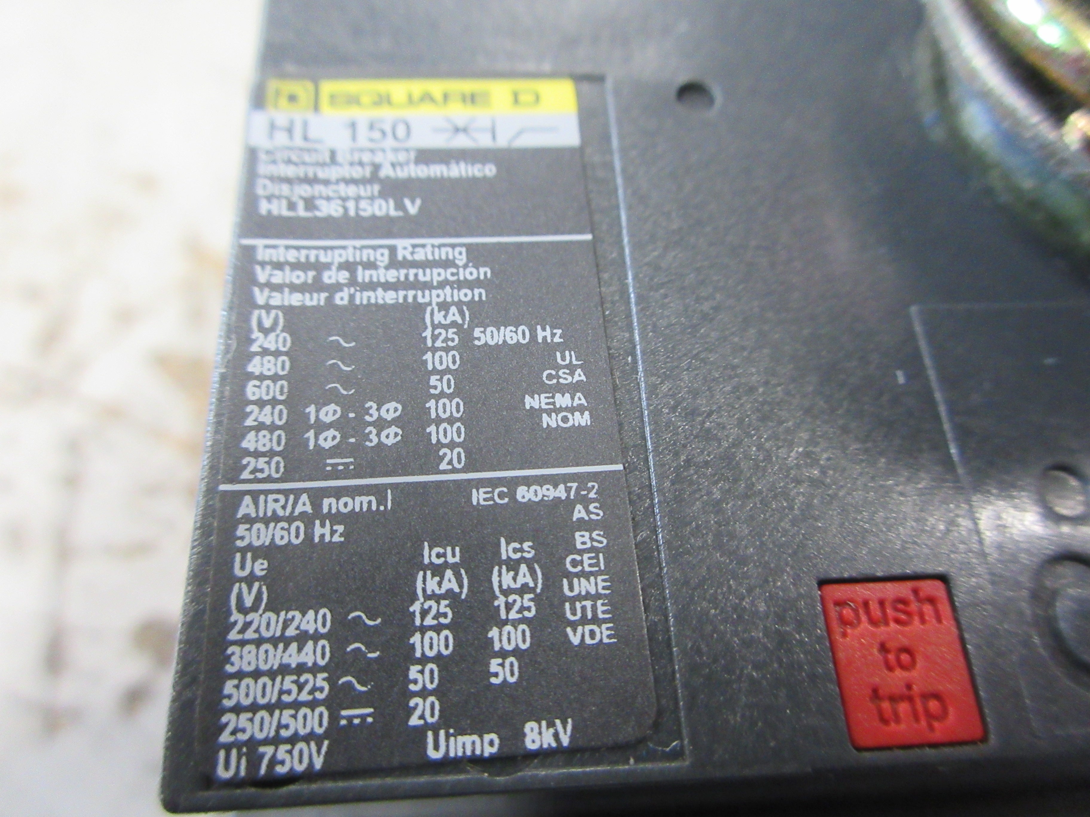 Square D HL 150 Breaker Disconnect HLL36150LV 150A 600V 3P *No Handle* Used