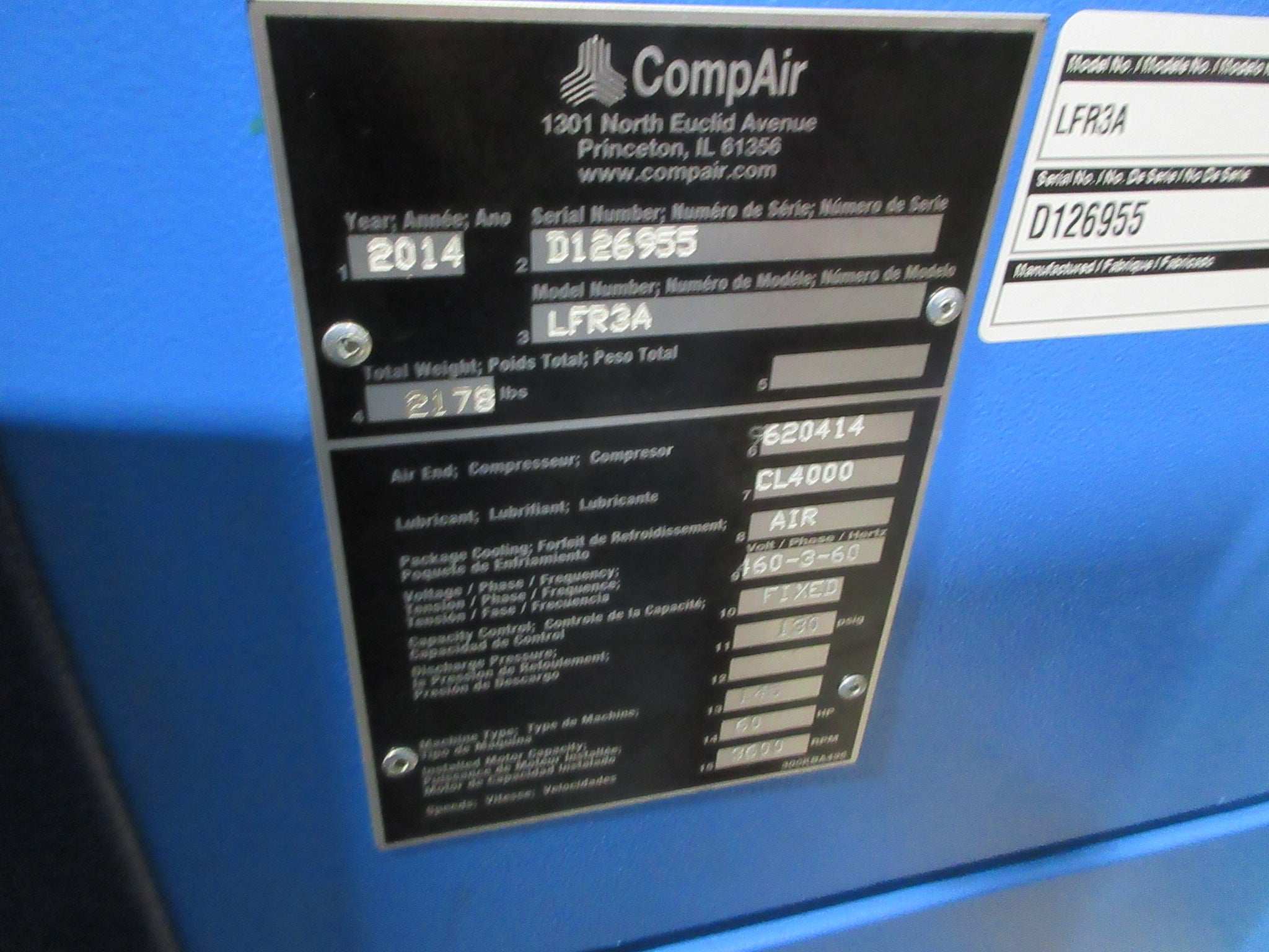 CompAir Tankless Rotary Screw Compressor LFR3A 60HP 3600RPM 130 PSIG 460V Used