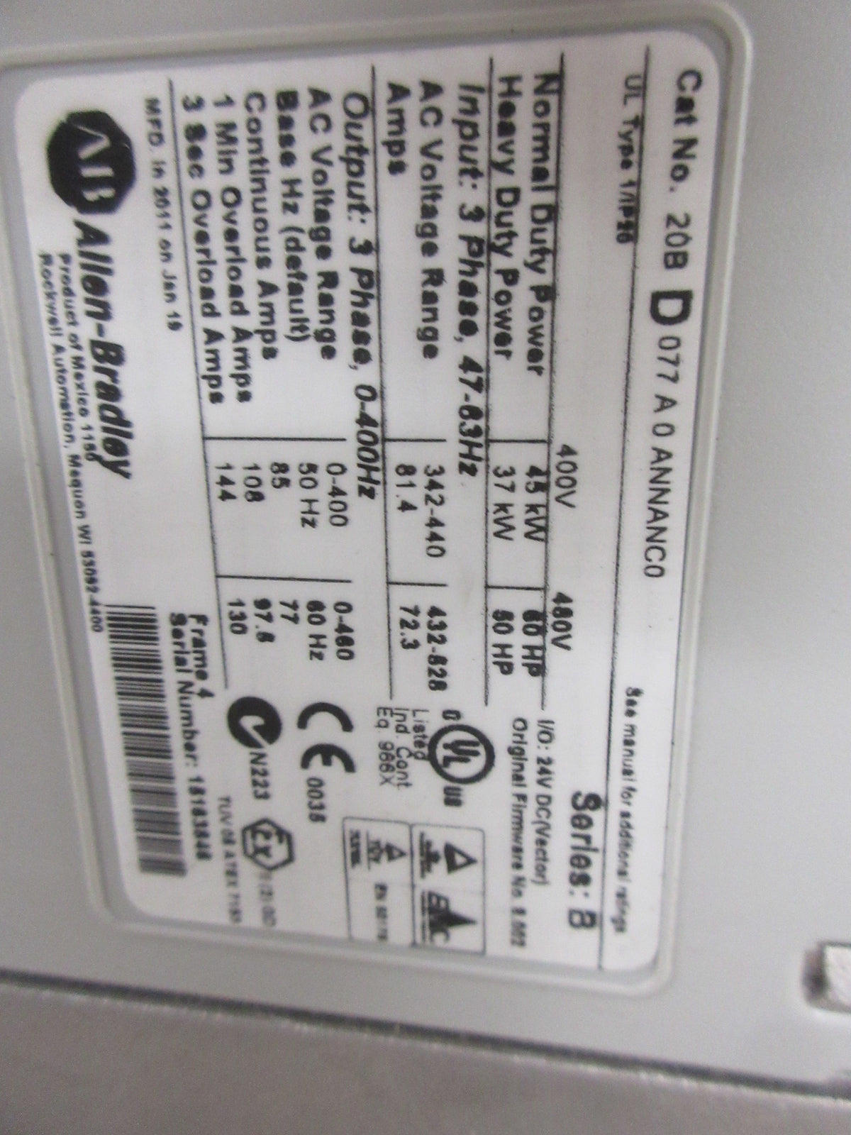 Allen-Bradley PowerFlex 700 AC Drive 20BD077A0ANNANC0 Ser. B 60HP 3Ph Used