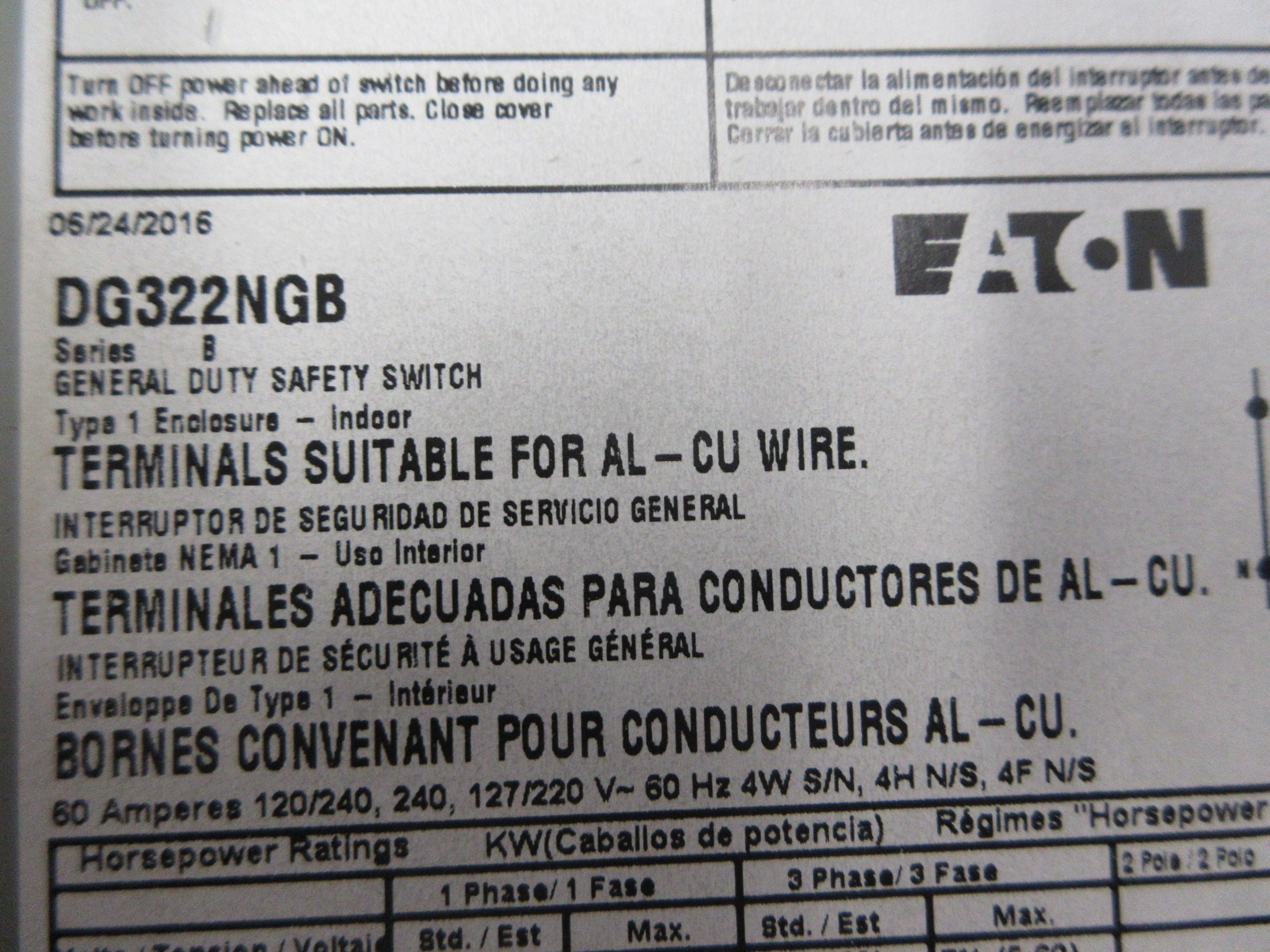 Eaton Fusible Safety Switch/Disconnect DG322NGB Ser. B 60A 240V 4W Used