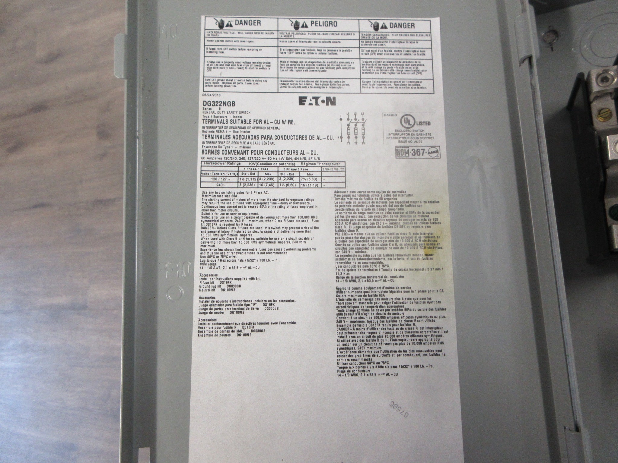 Eaton Fusible Safety Switch/Disconnect DG322NGB Ser. B 60A 240V 4W Used