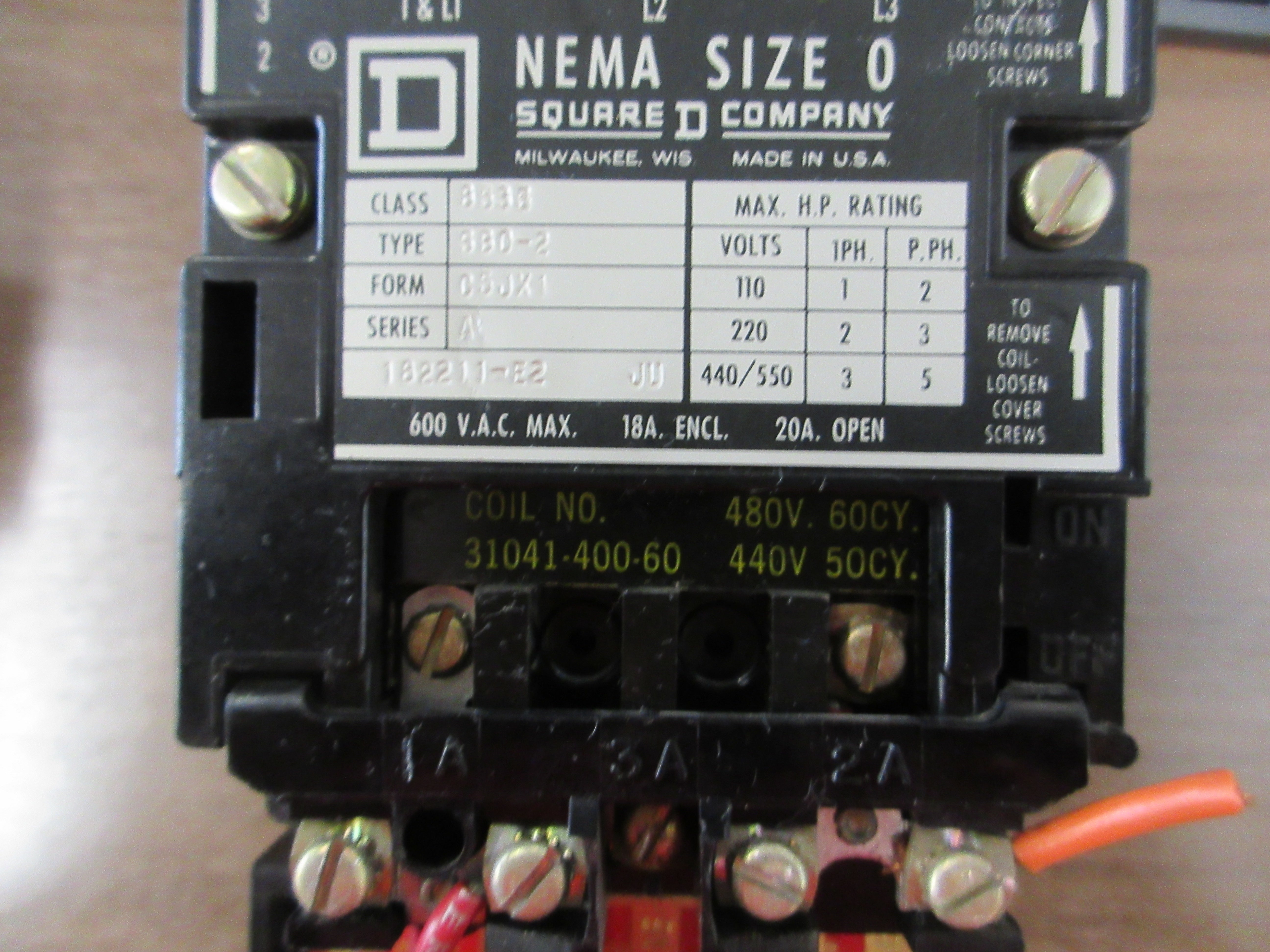Square D Size 0 Starter 8536 SBO-2 (5JX1 Ser. A 480V Coil 20A 600V Used