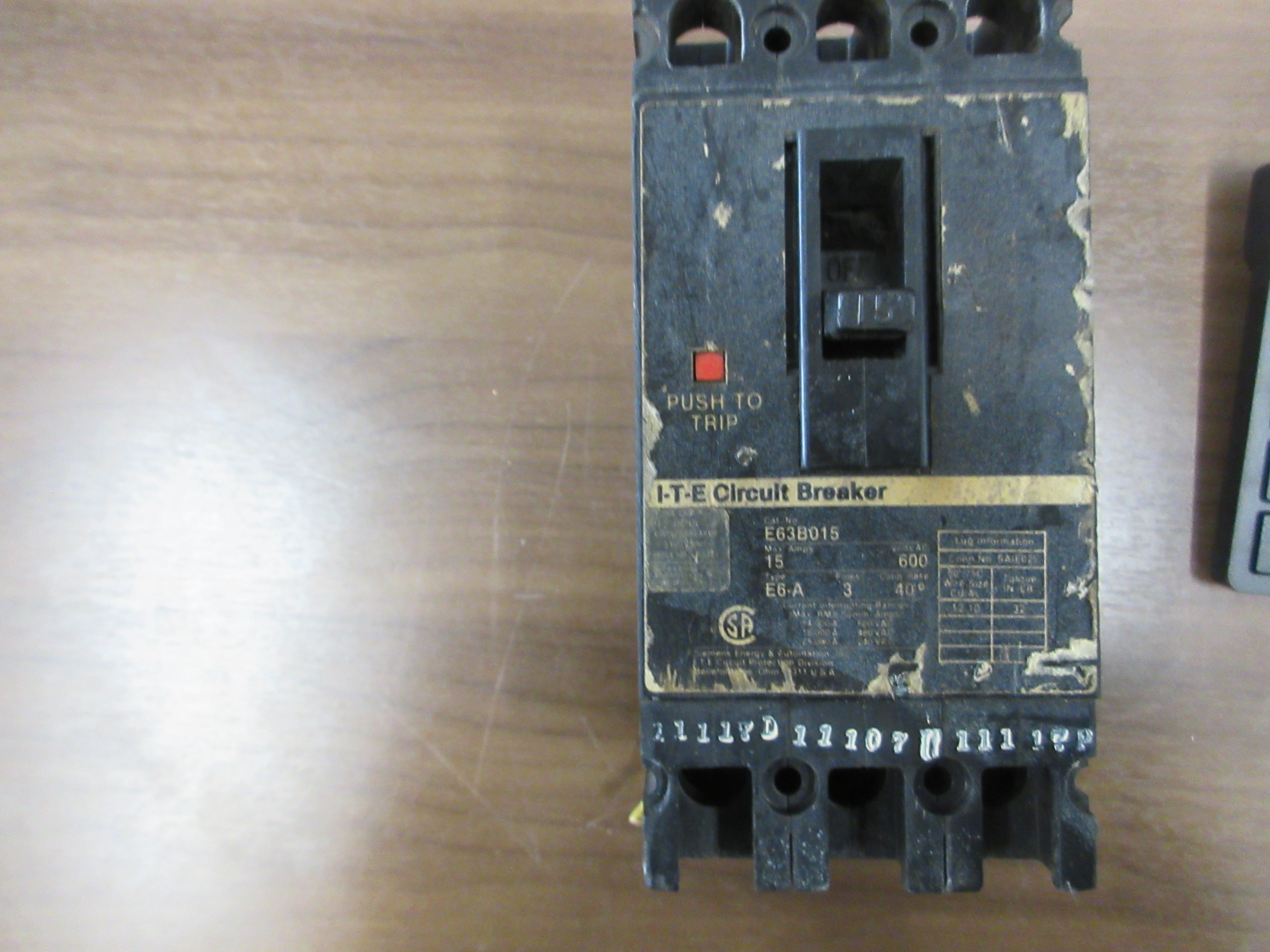TIE Circuit Breaker E63B015 15A 600V 3P Used