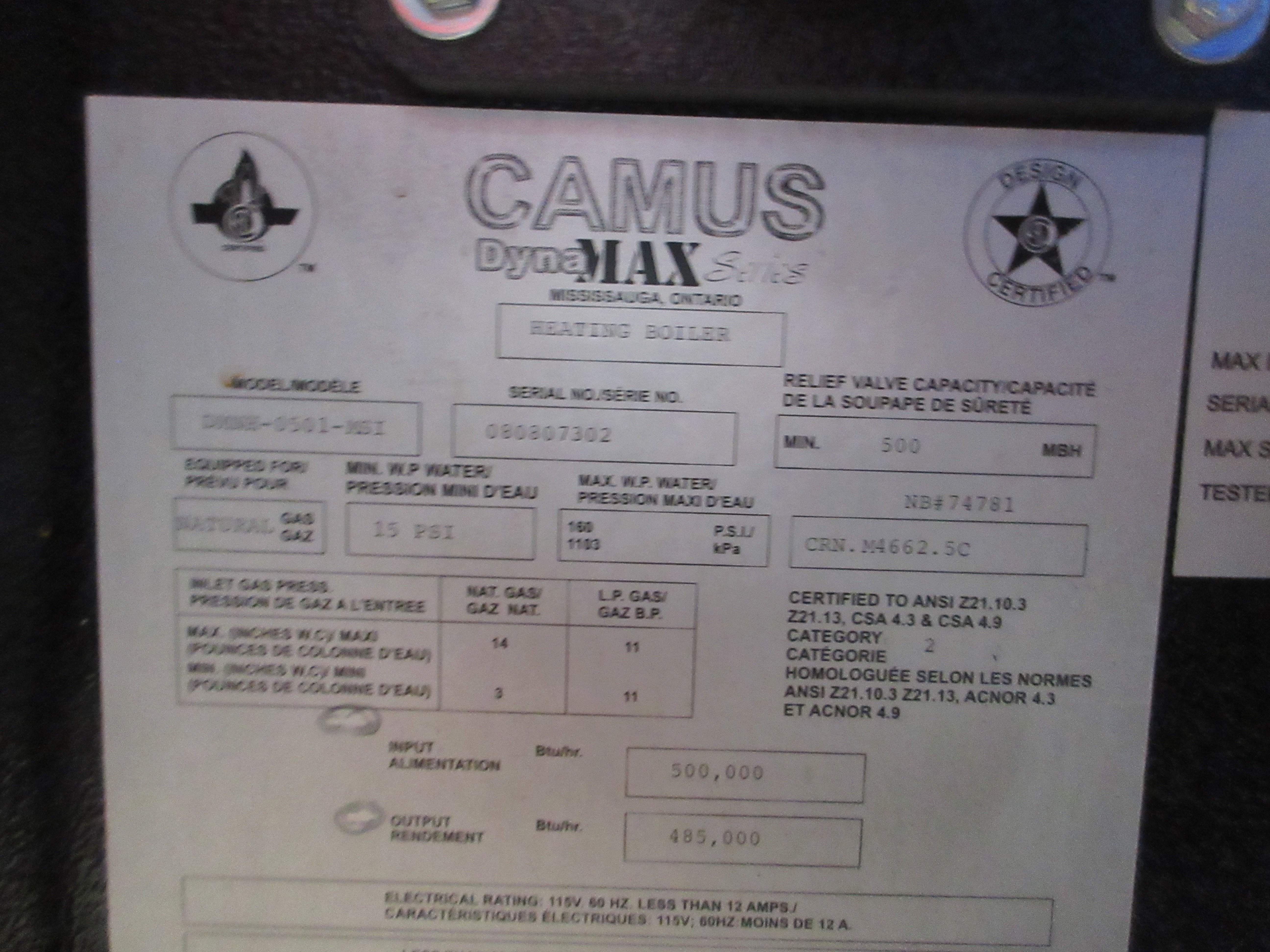 Camus DynaMax Boiler DMNH-0501-MSI 500,000 BIU In 485,000 BIU Out 115V 60Hz Used