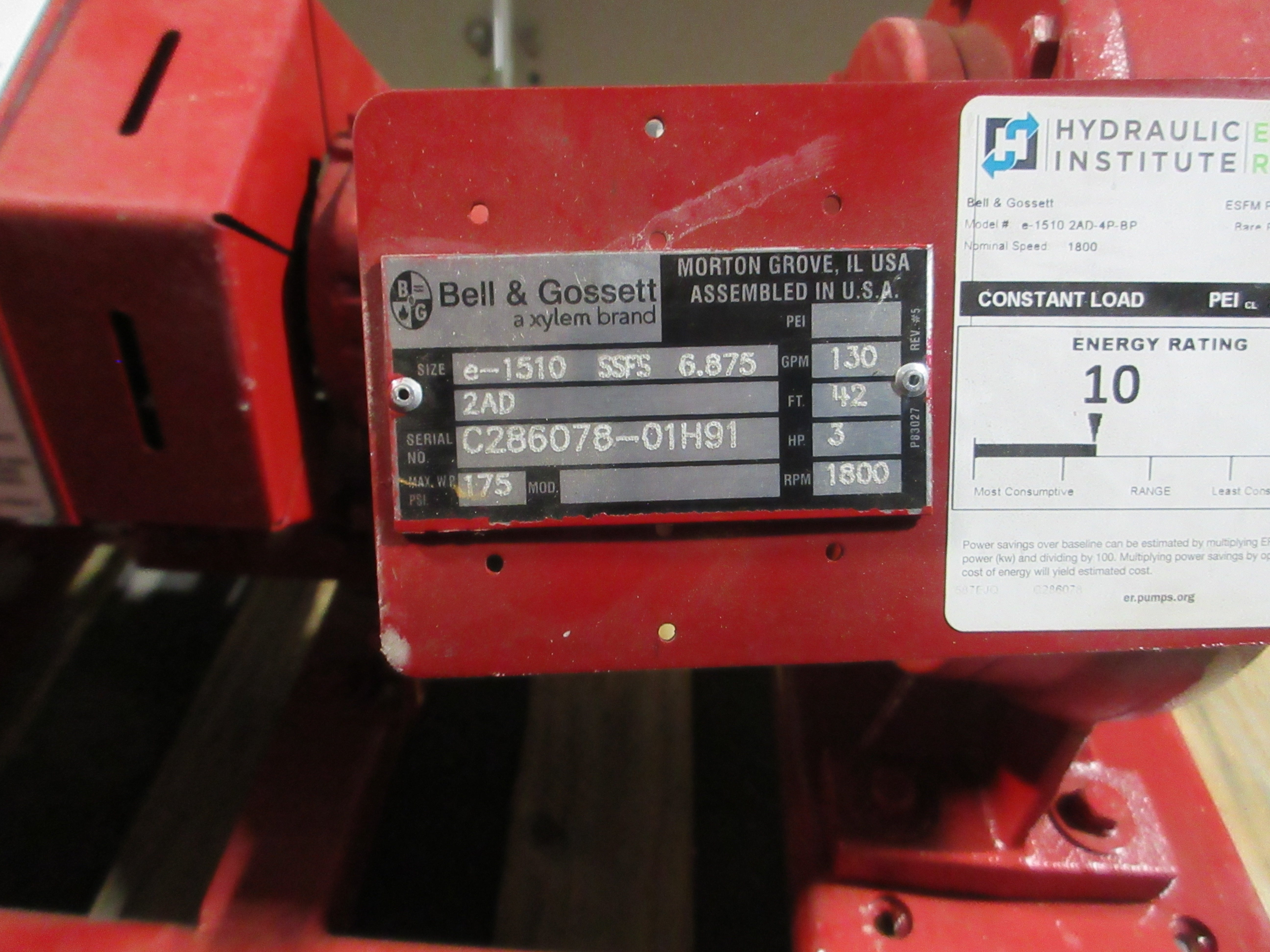 Bell & Gossett Pump e-1510 SSFS 6.875 2AD 3HP 1800 RPM 42FT Head 130 GPM Used