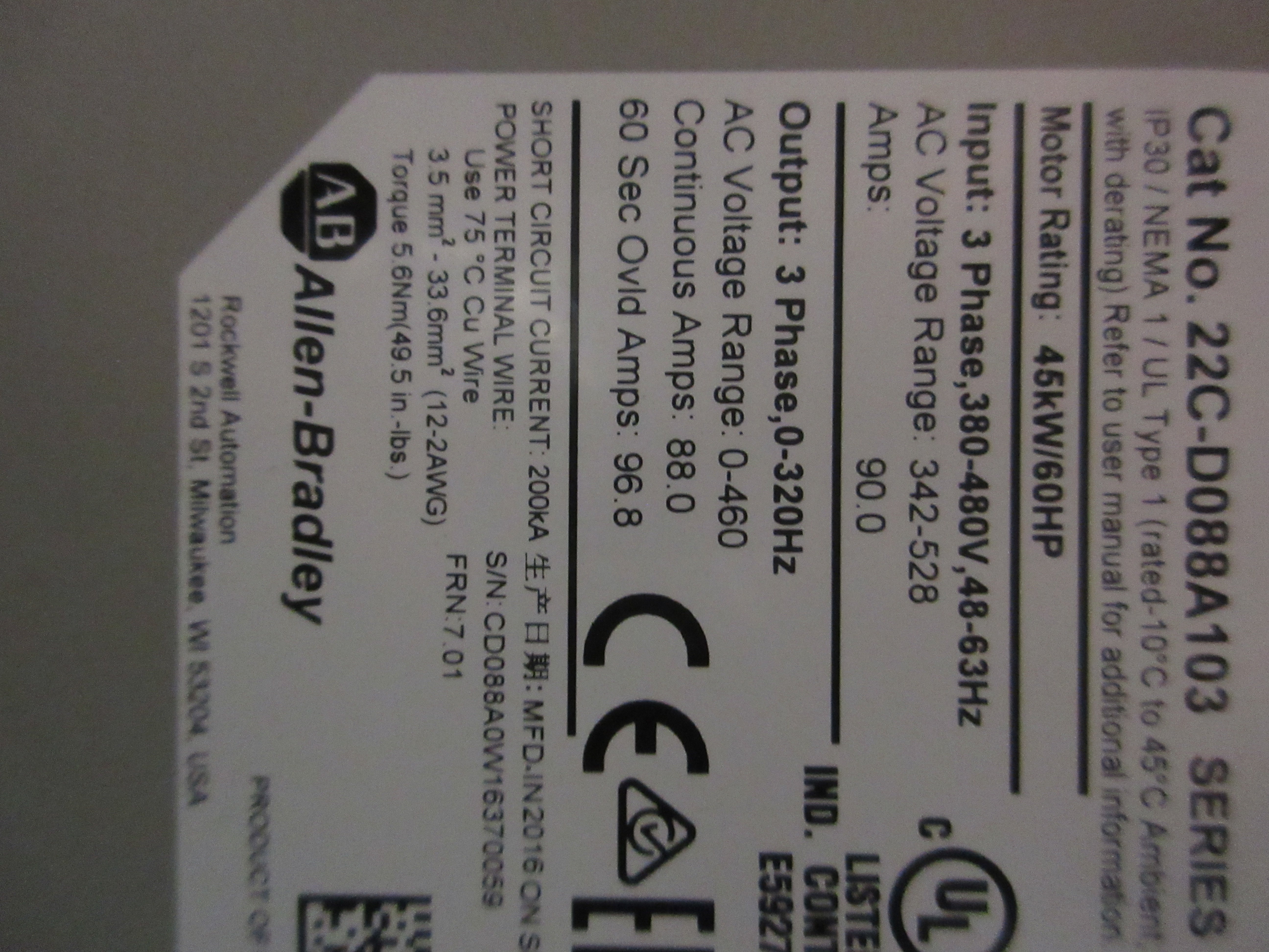 Allen-Bradley PowerFlex 400 AC Drive w/Disconnect 22C-D088A103 Ser.A 60HP Used