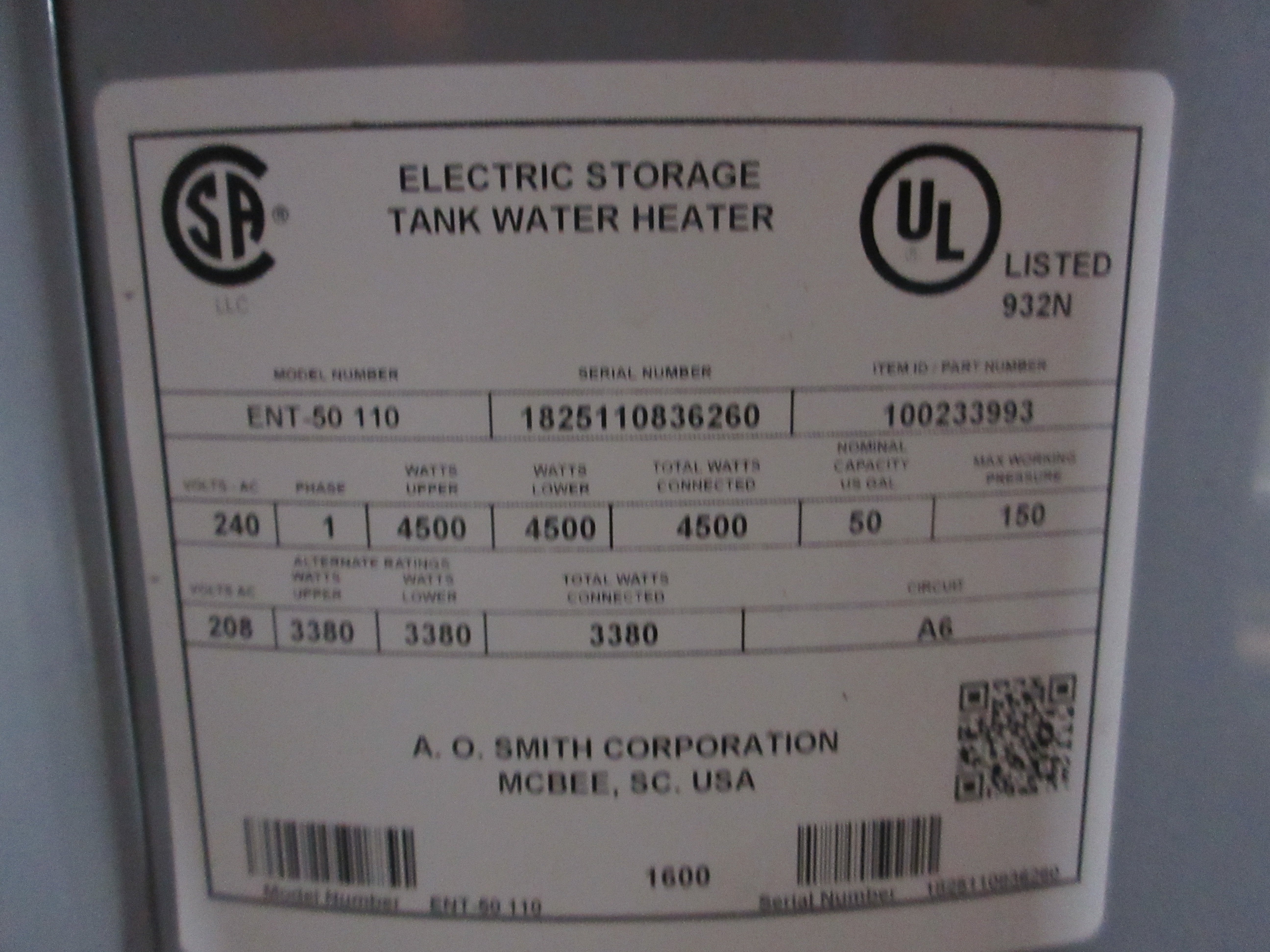A.O. Smith ENT-50110 Praline Commercial Electric Tank Wtaer Heater 100233993 Used