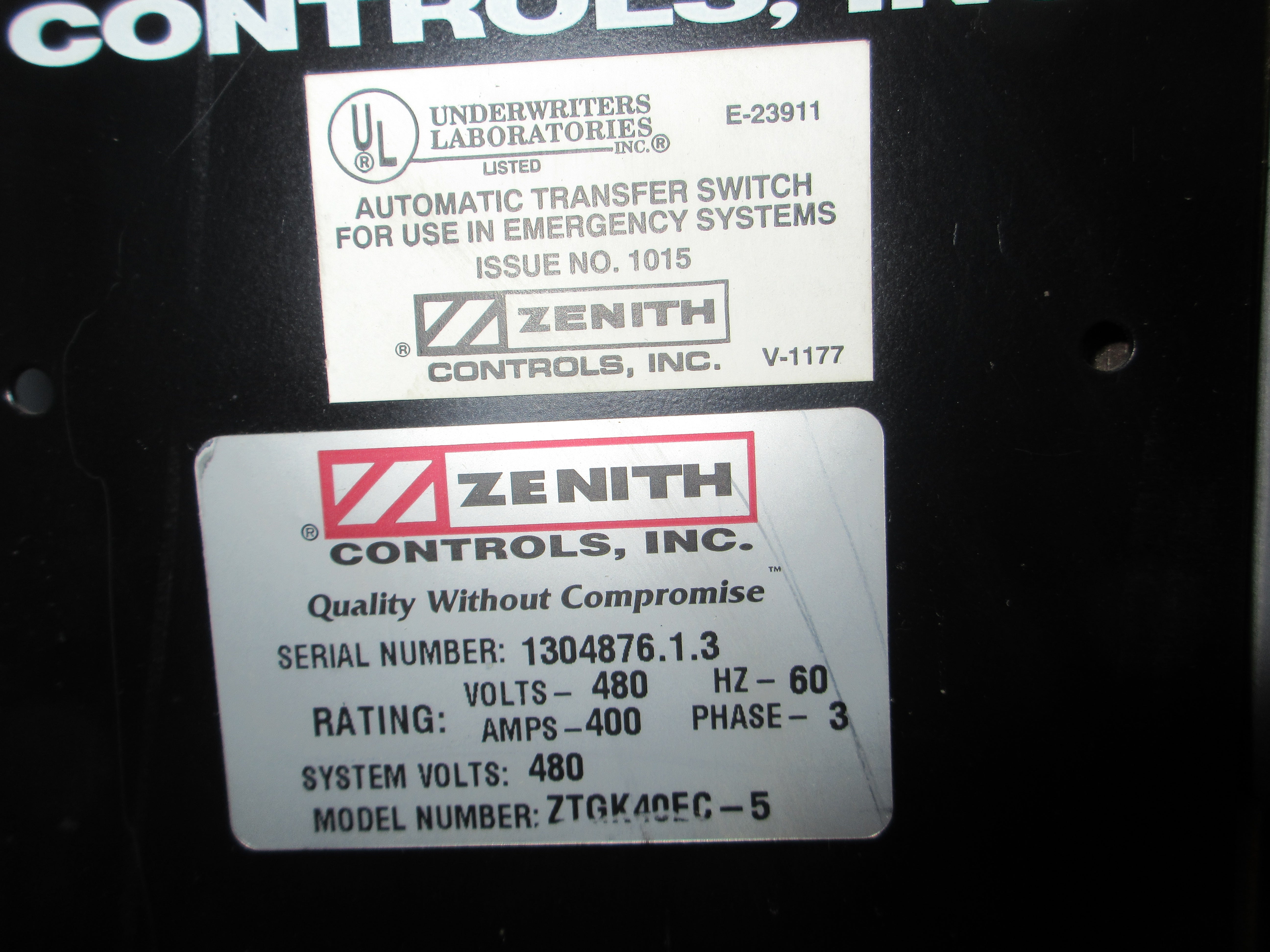 Zenith Controls Automatic Transfer Switch ZTGK40EC-5 400A 480V 60Hz 3Ph Used