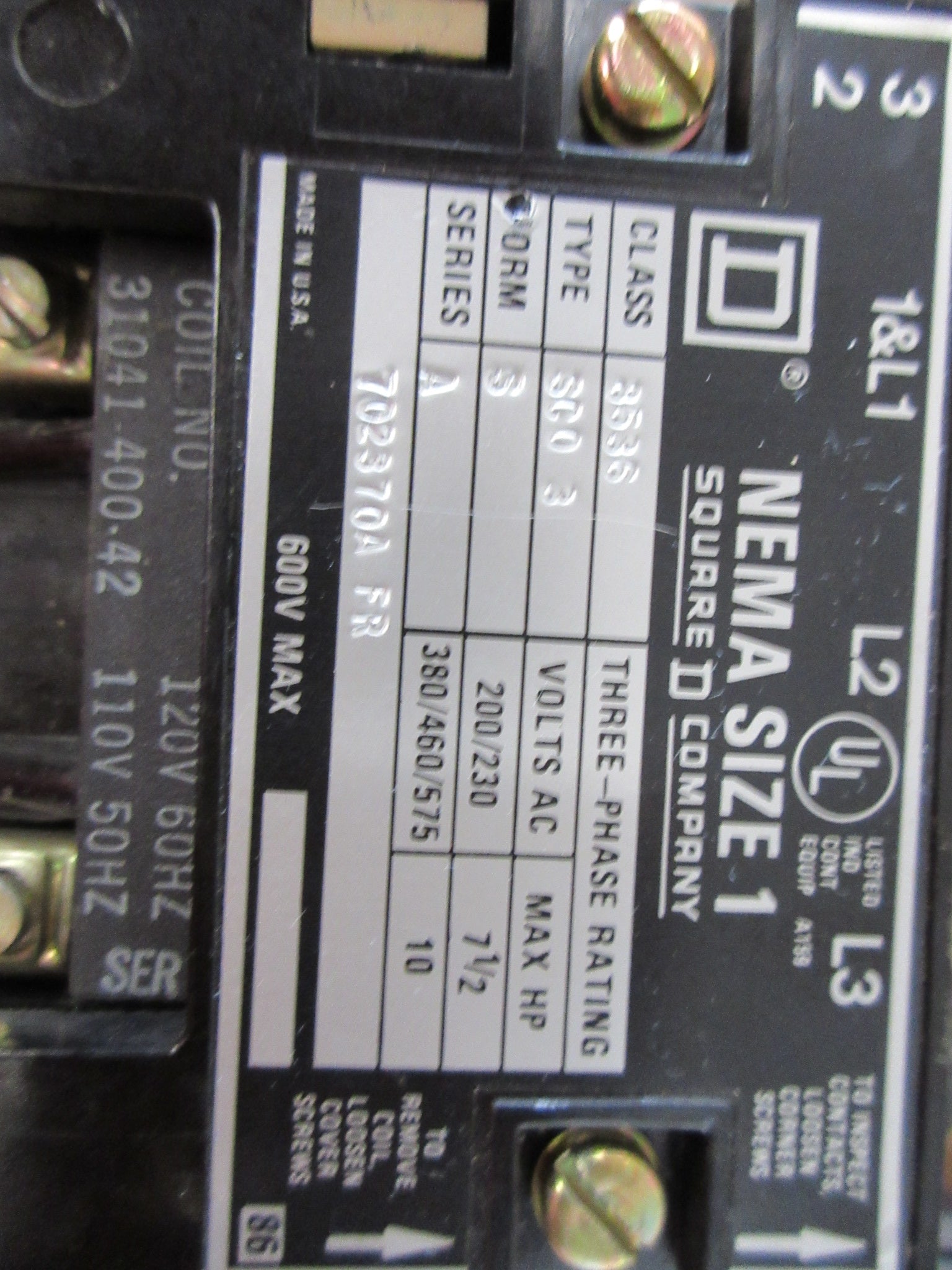 Square D Size 1 Starter 8536 SCO 3 S Ser. A 120V Coil 600V Used
