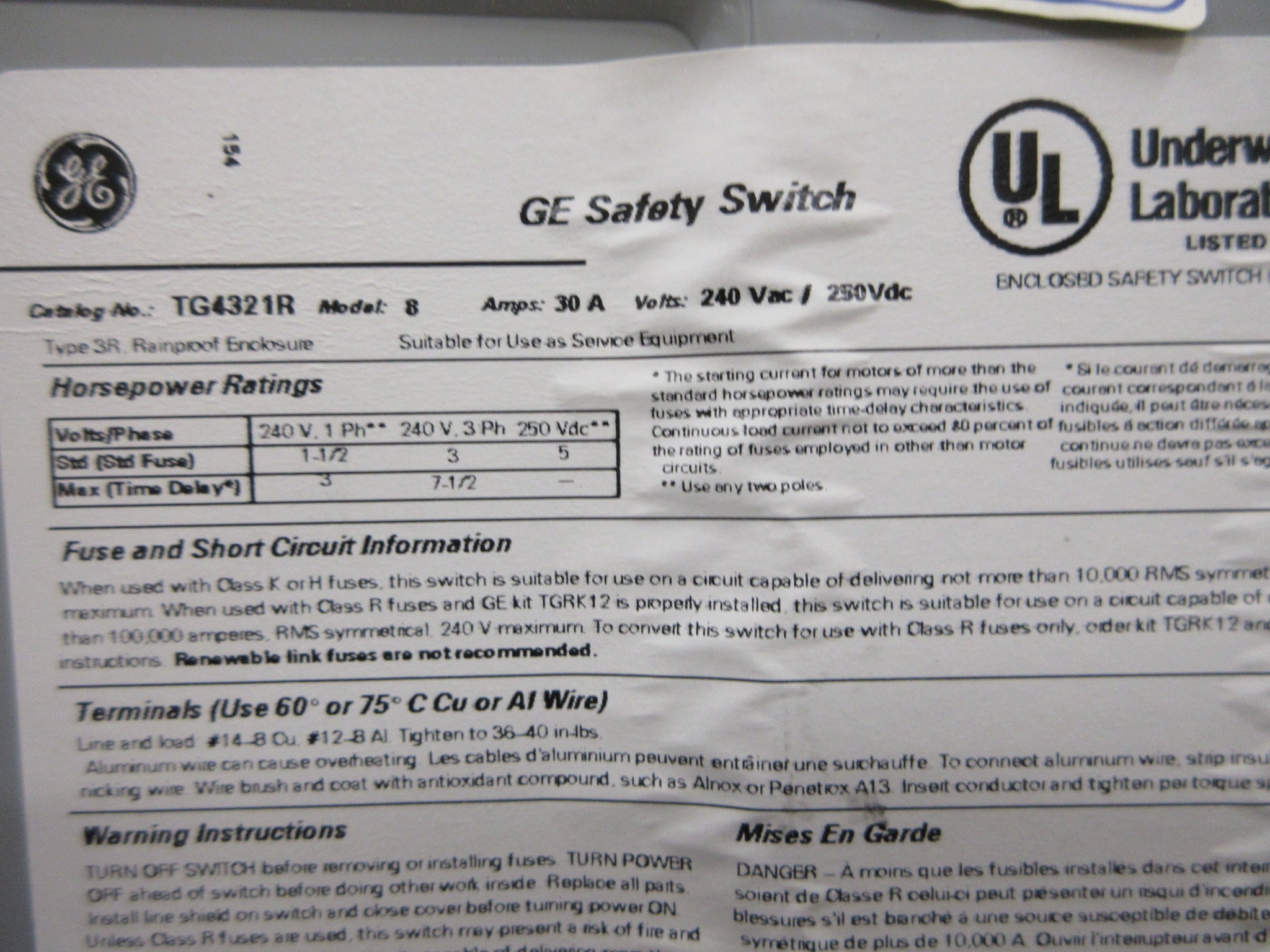 GE 3R Fusible Safety Switch / Disconnect TG4321R Mod. 830A 240V 3p Used