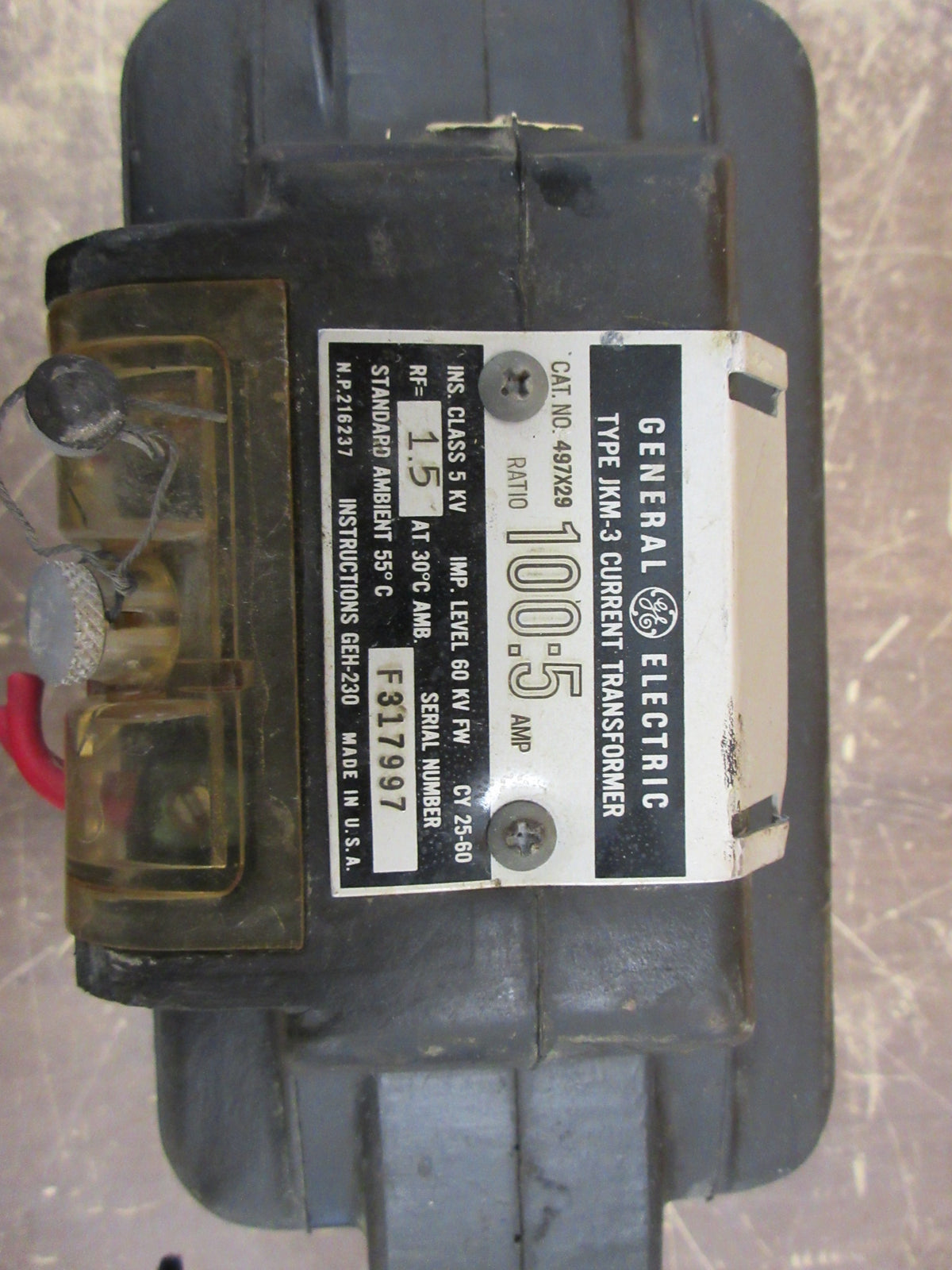 GE Type JKM-3 Current Transformer 497X29 Ratio 100:5A 5KV 25-60Hz 60-KV BIL Used  Type JKM-3 Current Transformer 497X29 Ratio 100:5A 5KV 25-60Hz Used
